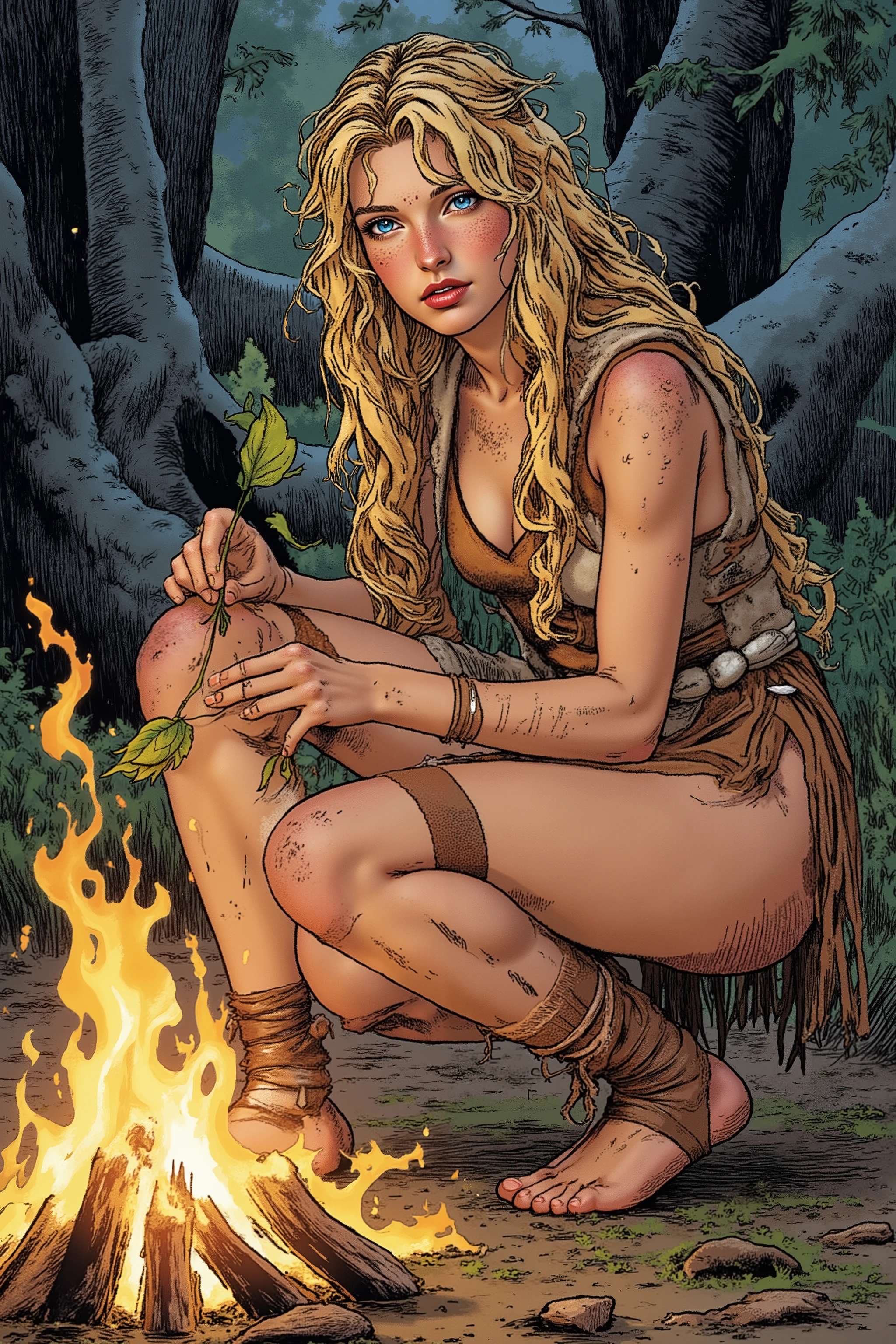 Teen,Teen Girl,itacomic1 illustration,Daria,C4STL3V4NI4,Girl,
💋 : Kaelia – Die Wilde Blume
🌟 : Comicstyle, 4K, Don Lawrence Style, inspiriert von Comics der 80er und Amazonengeschichten, hochdetailliert, klare Linien, lebendige Farben, verschiedene Perspektiven: seitenansicht,
Lichtverhältnisse: sonnenaufgang
🌌 : Dichter Wald mit flackerndem Lagerfeuer, frische Luft mit Duft von Erde und Kräutern,
Hintergründ: jagdtscene,
Tageszeiten: morgens,
😈 : Junge Frau mit sommersprossigem, gebräuntem Gesicht, hellblaue, wache Augen, wilde honigfarbene Mähne zu einem hohen Pferdeschwanz gebunden, einige Strähnen wehen im Wind, schlanke, sehnige Statur mit agiler Grazie, konsistente Gesichtszüge und Körperproportionen
🔥 : Kleidung: Hautenges Trägeroberteil aus gegerbtem Leder, ausgefranster knielanger Lederrock bis mid-thigh, barfuß mit narbenbedeckten Füßen, leichte primitive Wildlederweste mit Flusssteinen und Holzperlen, Schmuck aus Federn, Fischknochen, geflochtenen Gräsern und Eberzähnen, bemalt mit wilden Streifen aus farbiger Erde auf Armen und Gesicht
Details: Fokus auf Texturen (Leder, Narben, Schmuck), konsistente Hauttöne, Sommersprossen, Augenfarbe, Haarsträhnen
Pose: Über ihn gebeugt
Beschreibung: Kaelia beugt sich über den sitzenden Darius, Speer in einer Hand, Laterne beleuchtet sein Gesicht, sie hält ein Blatt oder Grashalm vor seine Nase.
Gesichtsausdruck: Neugier und Staunen (große Augen, leicht geöffneter Mund, Kopf leicht geneigt).