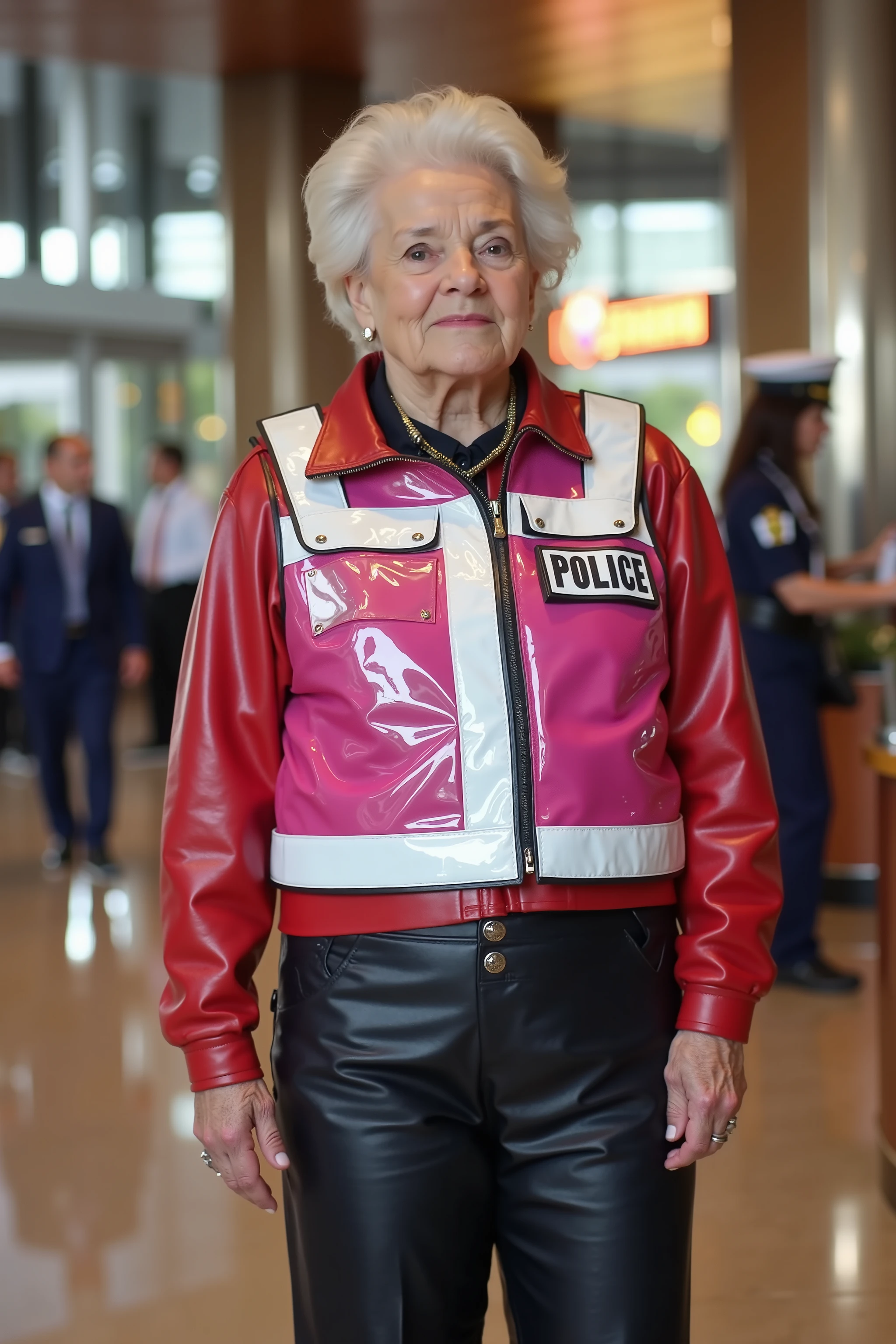 An 84 year old elderly woman wears a pink and white vinyl patrol vest with translucent vinyl over her chest and shoulders, 50% transparency, wearing a red leather jacket, wearing black leather jeans with silver and gold zippers, standing in a futuristic hotel lobby