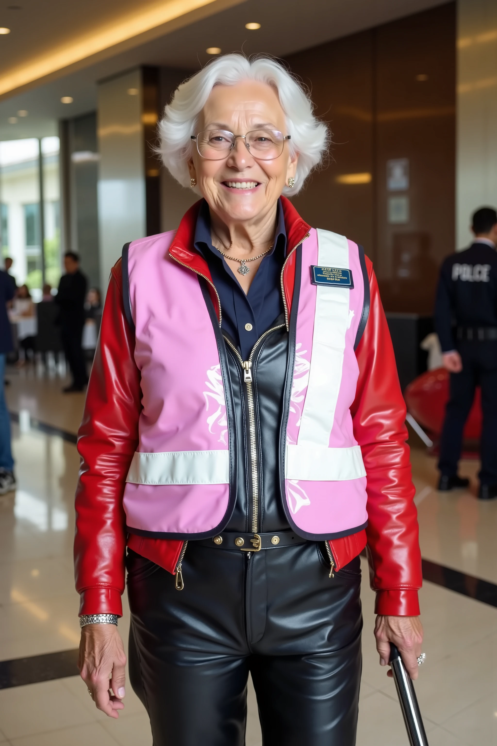 An 84 year old elderly woman wears a pink and white vinyl patrol vest with translucent vinyl over her chest and shoulders, 50% transparency, wearing a red leather jacket, wearing black leather jeans with silver and gold zippers, standing in a futuristic hotel lobby