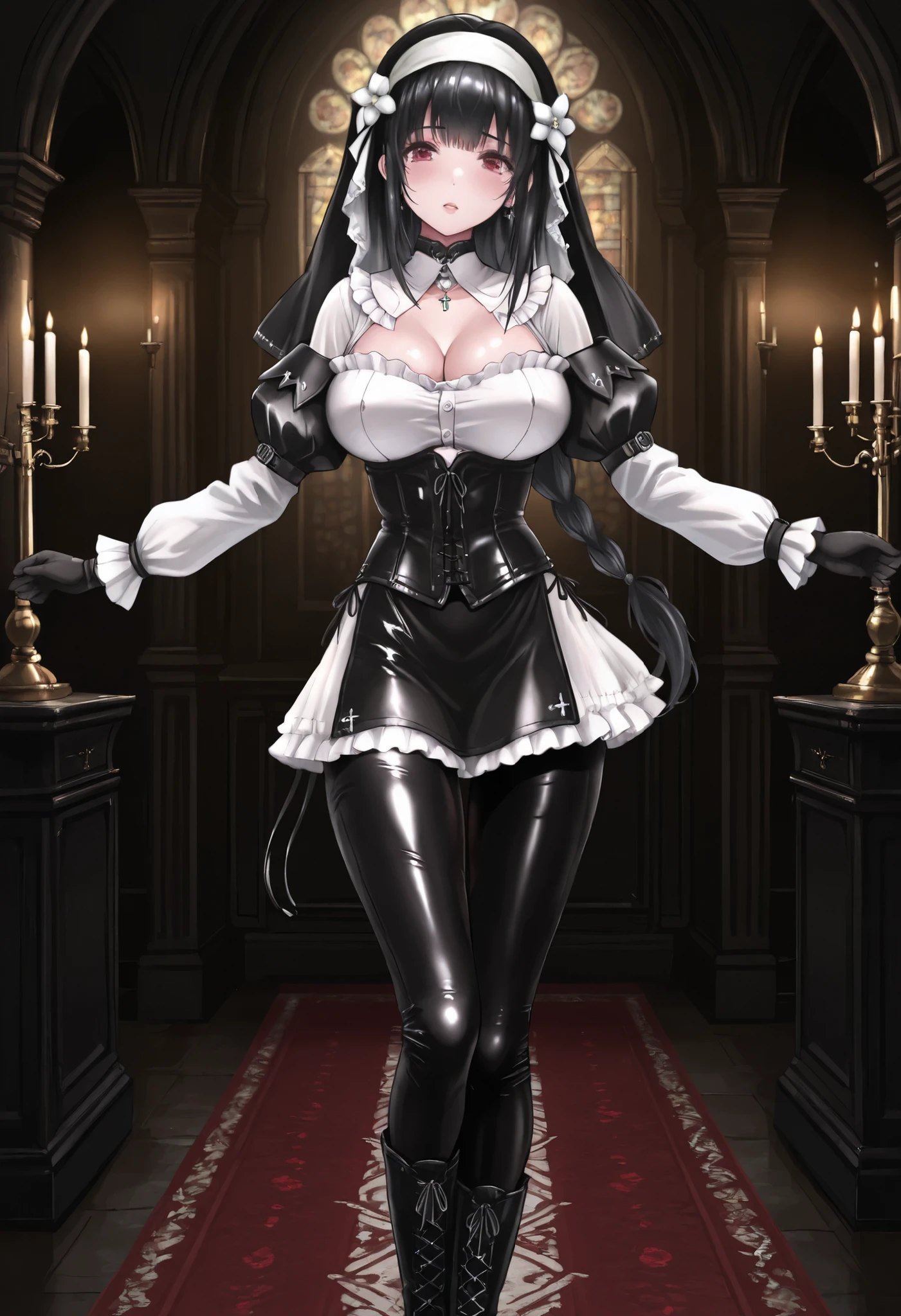  masterpiece, the best quality, muy estético, approach, 1girl, rabiane,  nun's veil skirt, Alone, standing, dynamic pose, black high boots, thigh-high boots,  cchoker:1.6, buttoned shirt, (( Buttoned white buttoned shirt)), ((plain white long sleeve buttoned shirt)), ((black leather corset)), black leather gloves, (((Shiny black leather leggings))), Detailed face, detailed eyes, detailed eyes, Red Eyes, black hair, Pechos grandes, dark, Elegant room, candles, candelabras, at night