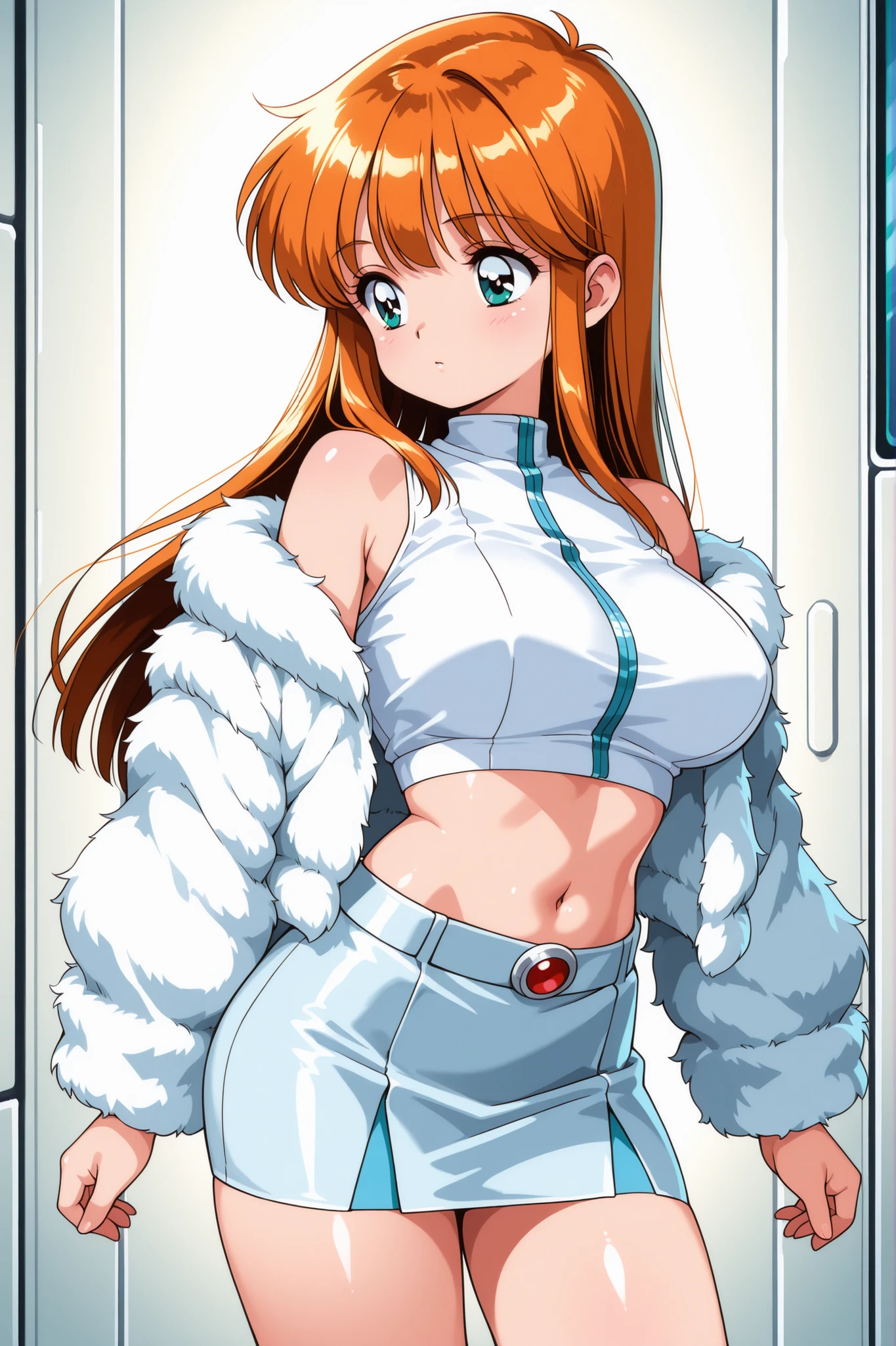 young short small little girl, long hair, straight hair, large breasts, (futuristic clothes, white crop_top, skirt, modern fur jacket), retro pc-engine visual novel style 