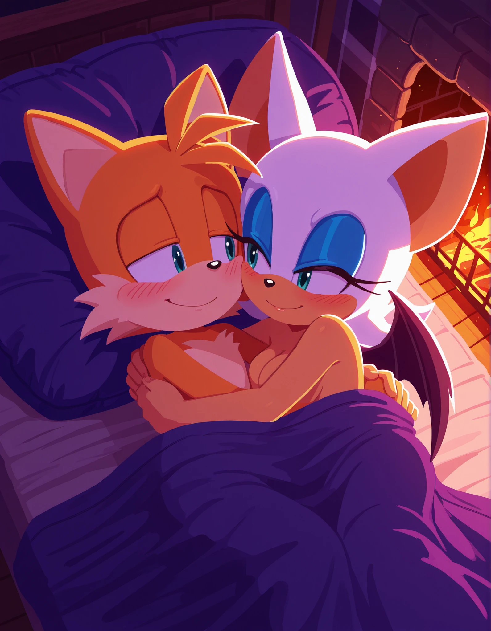 indoors, dark room, fireplace, from above, sonic (series), sonicchann3l, sonic (series), 1girl, 1boy, rouge the bat, nude, orange fur, bat wings, cuddling, heads together, bean bag chair, hug, looking at another, blush, smile, on side, lying, under covers, cheek-to-cheek,