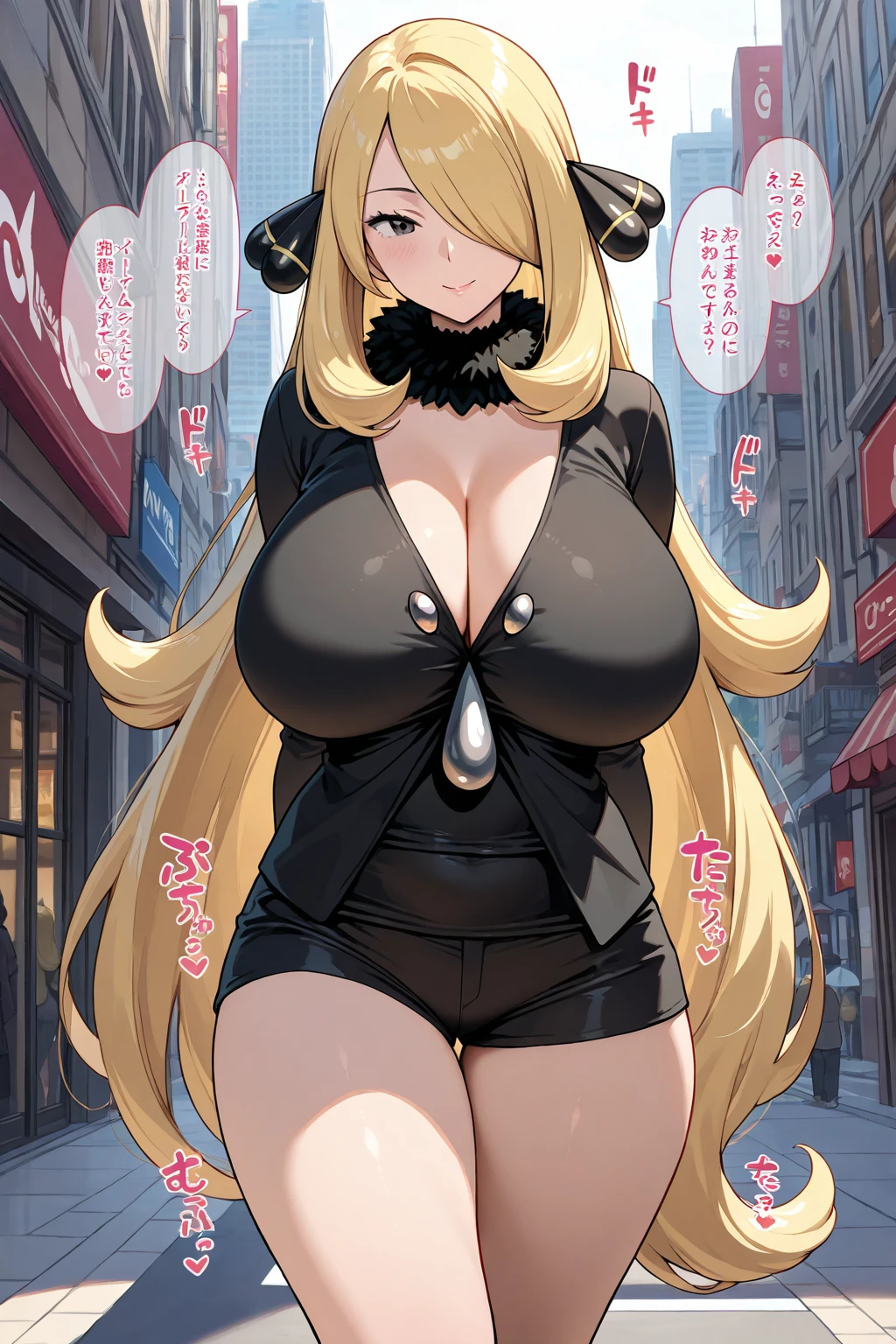 Masterpiece, best quality, solo, 1girl, Danganronpa, Chiaki Nanami, enormous , (extremely tight micro-bikini barely covers the essentials), mega-giantess, looming over city, city destruction, ready to crush, towering over skyscrapers, aroused,  face, enjoys the destruction, heavy blush, looking down on city, "wanna have some fun with me?",  , she is a literal sensual goddess,