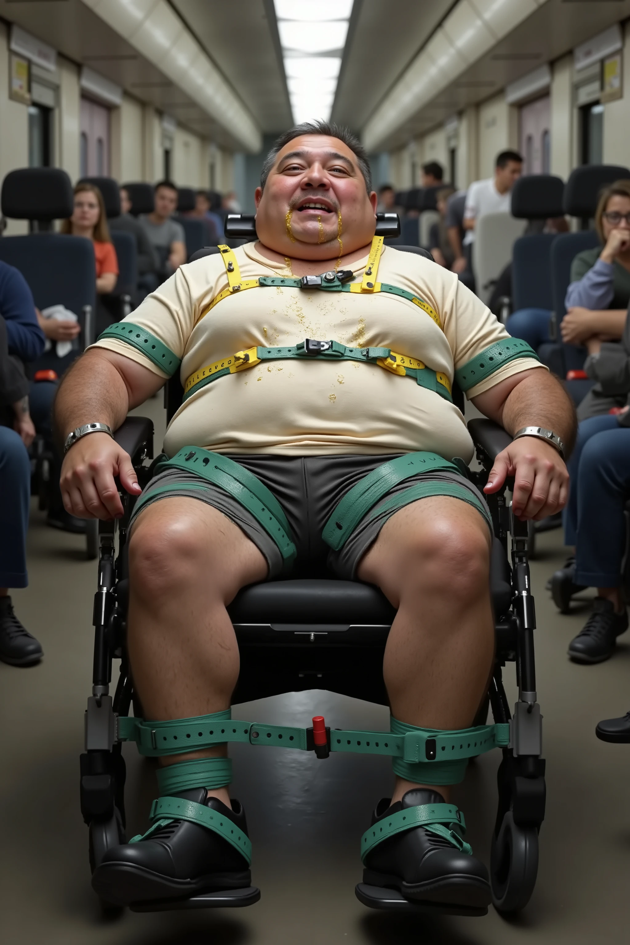 A 3D image of a fat slob of a 70 year old man with drool dripping from his mouth and a wet shirt, white shirt, water droplets on , sitting in a wheelchair, restrained arms with seguflux straps that are shiny yellow latex, restrained legs with green seguflux straps that are shiny latex, restrained  and abdomen with blue latex straps, red locking buckles, on a train in the disabled aisle, other wheelchairs and people on the train, mentally deranged but cute, dark atmosphere 