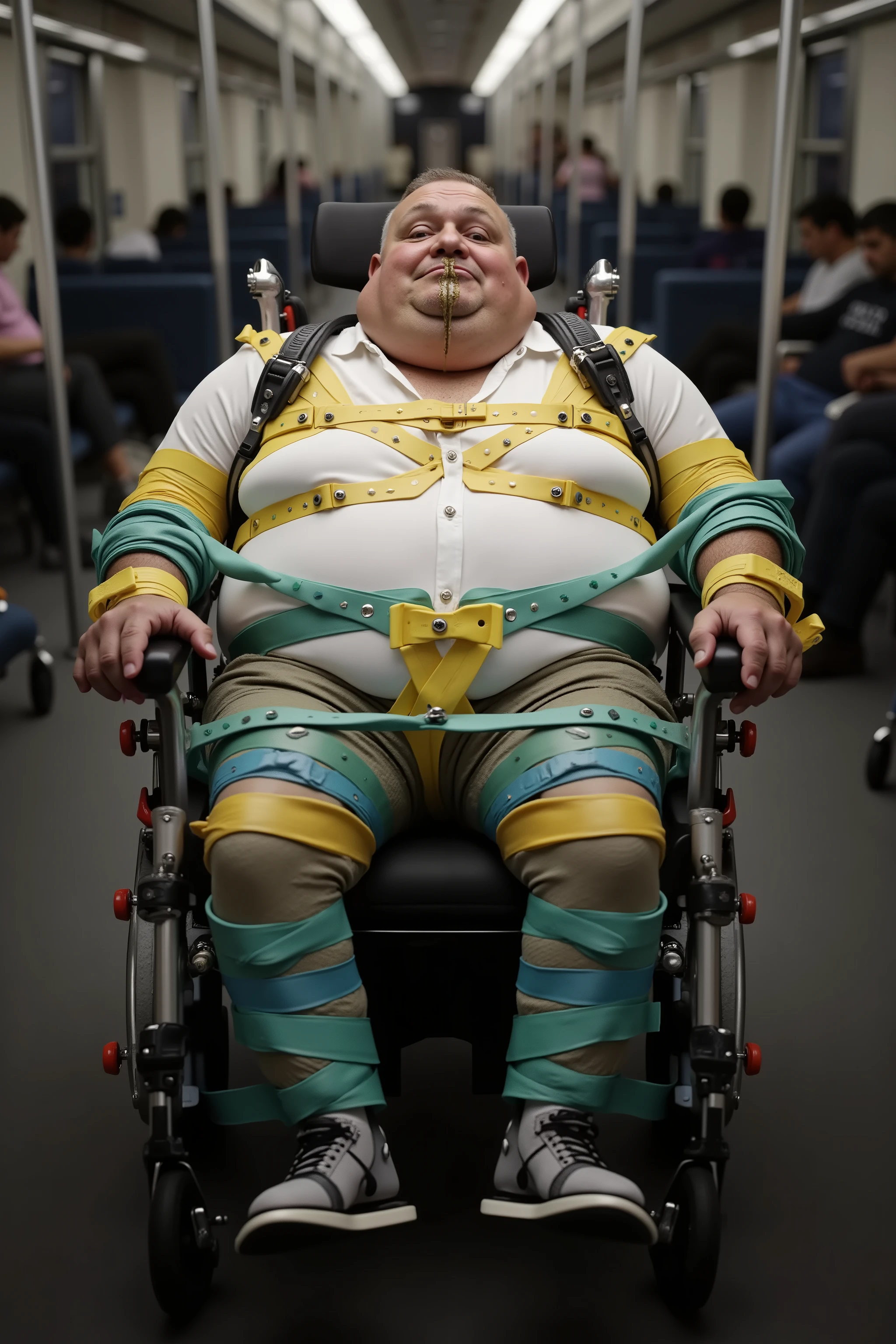 A 3D image of a fat slob of a 70 year old man with drool dripping from his mouth and a wet shirt, white shirt, water droplets on , sitting in a wheelchair, restrained arms with seguflux straps that are shiny yellow latex, restrained legs with green seguflux straps that are shiny latex, restrained and abdomen with blue latex straps, red locking buckles, on a train in the disabled aisle, other wheelchairs and people on the train, mentally deranged but cute, dark atmosphere