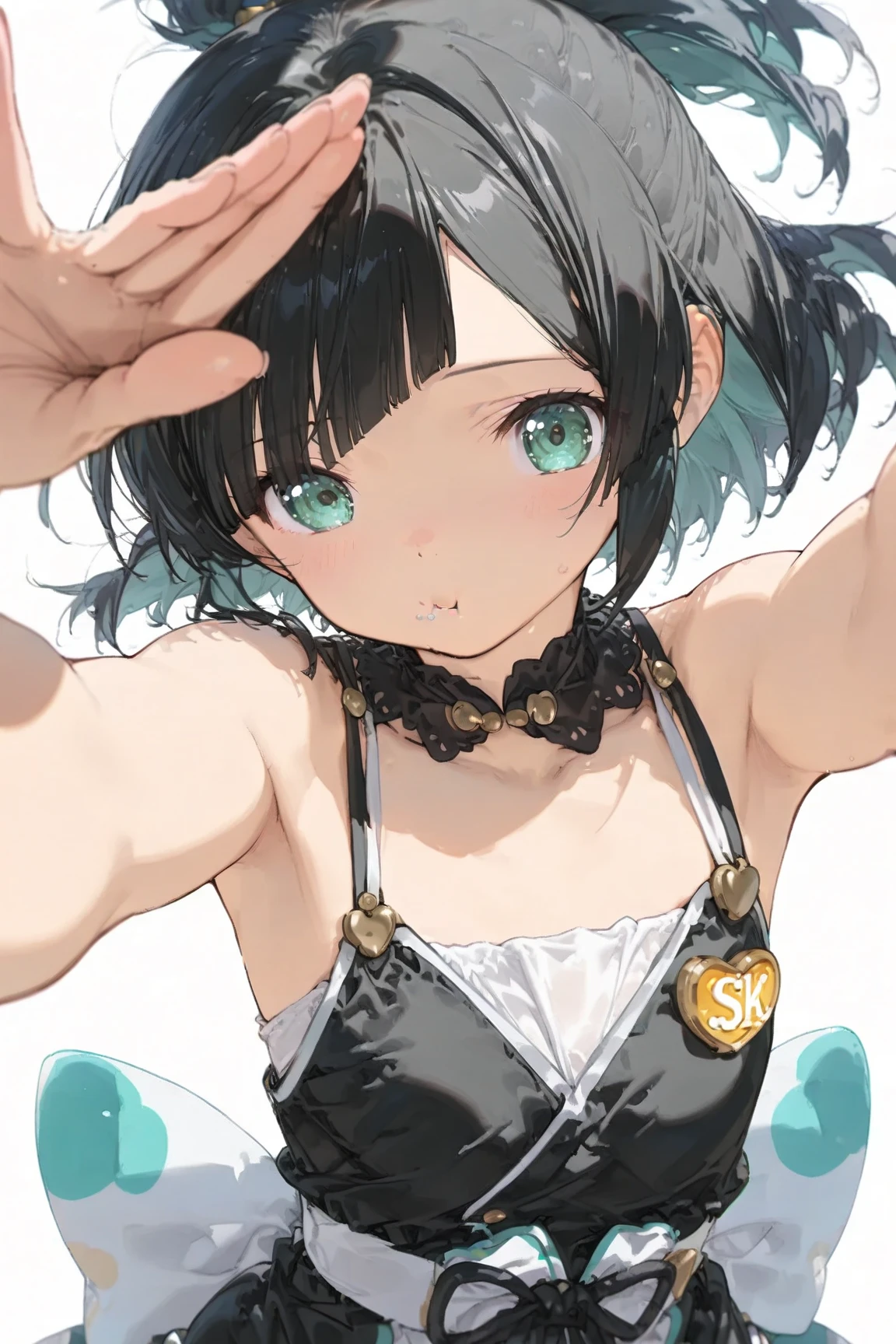 cute girl in ponytail wearing cute frilly bikini sitting and looking at you smiling, white background