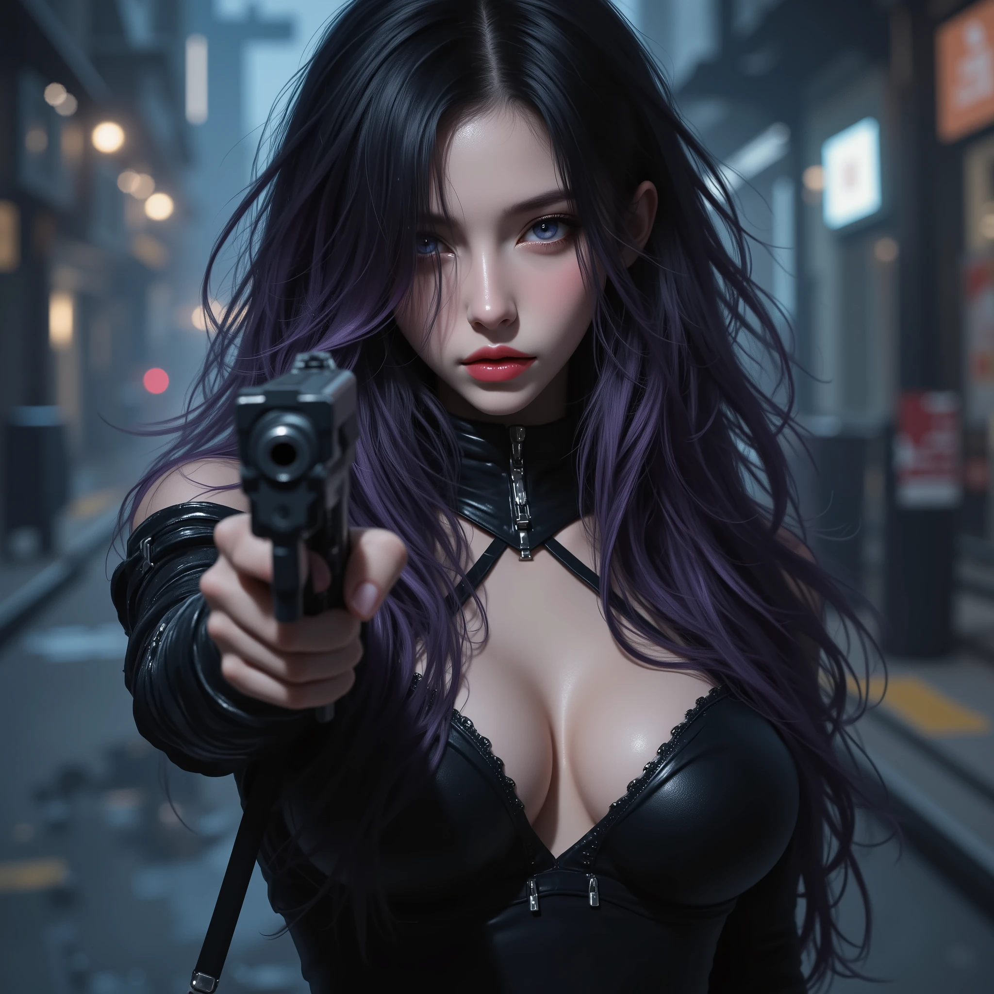 Photo Real、Realistic Skin Texture、gun、extremely tight cyberpunk suit、beautiful long hair、dim cyberpunk city、Beautiful pale violet eyes、Black hair with slightly purple tips、gun口をカメラに向けて