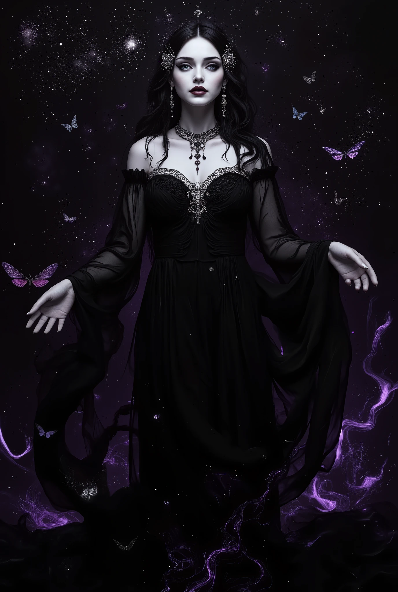 a stunning goddess of darkness and shadow, statuesque and sensationally beautiful as only living gods can be, erotic sexiness cut from living night, a face of loveliness and terror, large amazing breasts, and a body of superlative grace, embodying the seductive dangers of the night, and the predatory grace of cats who stalk nocturnal paths, ethereal pale skin with a luminous glow against pitch-black surroundings, adorned with intricate jewelry made of obsidian and starlight, flowing black diaphanous gown that merges with the shadows around her, surrounded by elements of haunting beauty like dozens of moths, shadow servants with human faces, and swirling tendrils of purple light, her eyes hypnotic and filled with the radiance of ancient wisdom, standing in a glowing silver temple where shadowcats dance at her feet, atmosphere of mystical seduction and power, dramatic chiaroscuro lighting creating stark contrasts, photographed with cinematic depth, 8k detaile