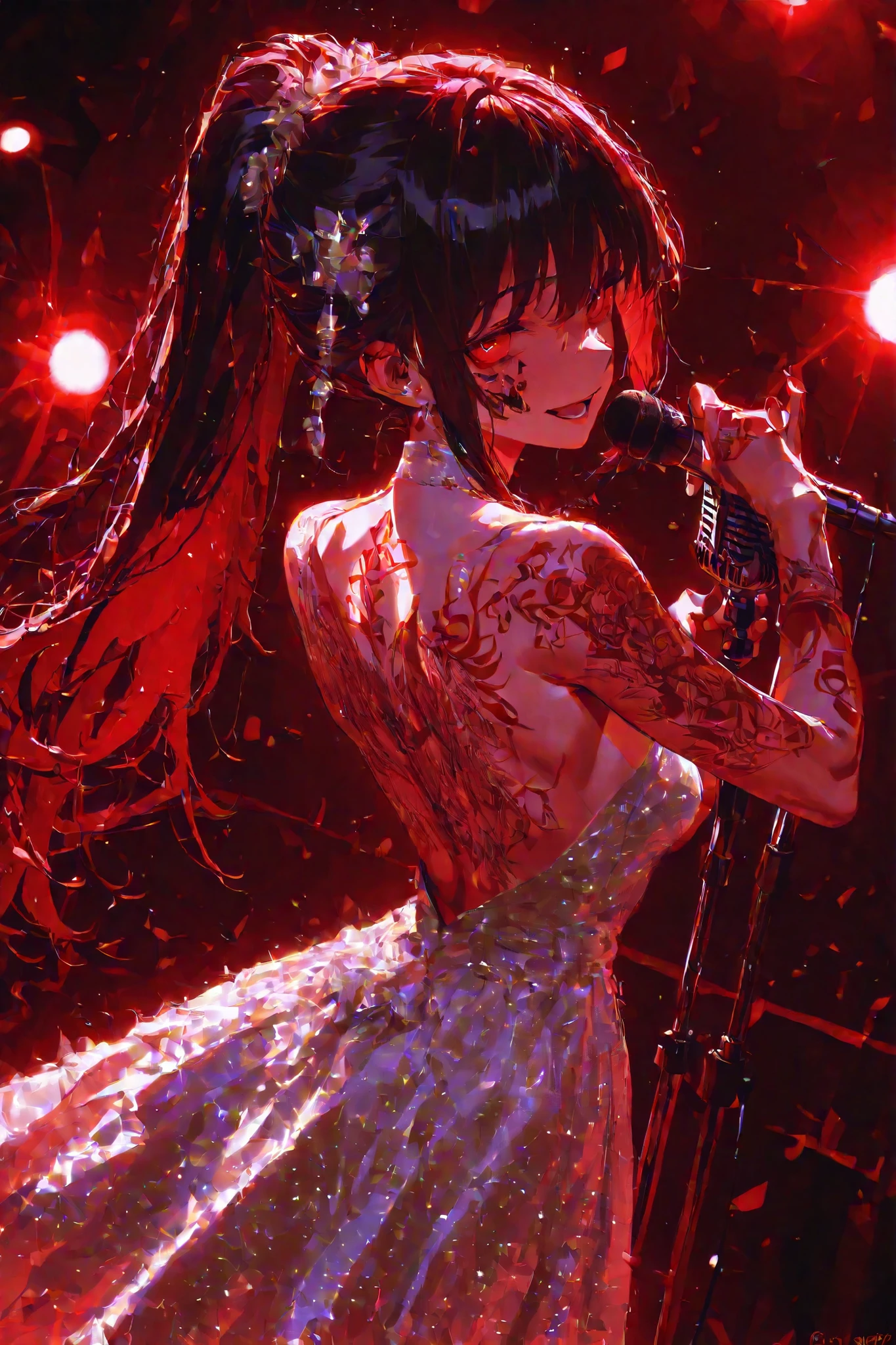 masterpiece、very beautiful、 Super Detailed、8k,Highest Quality,、angle、Red and black subject、a woman in a dress with an open back、tattoo all over back、、microphone stand、Stick out your backwards、looking back and half of her face,、with a microphone in one hand、、Unhealthy face