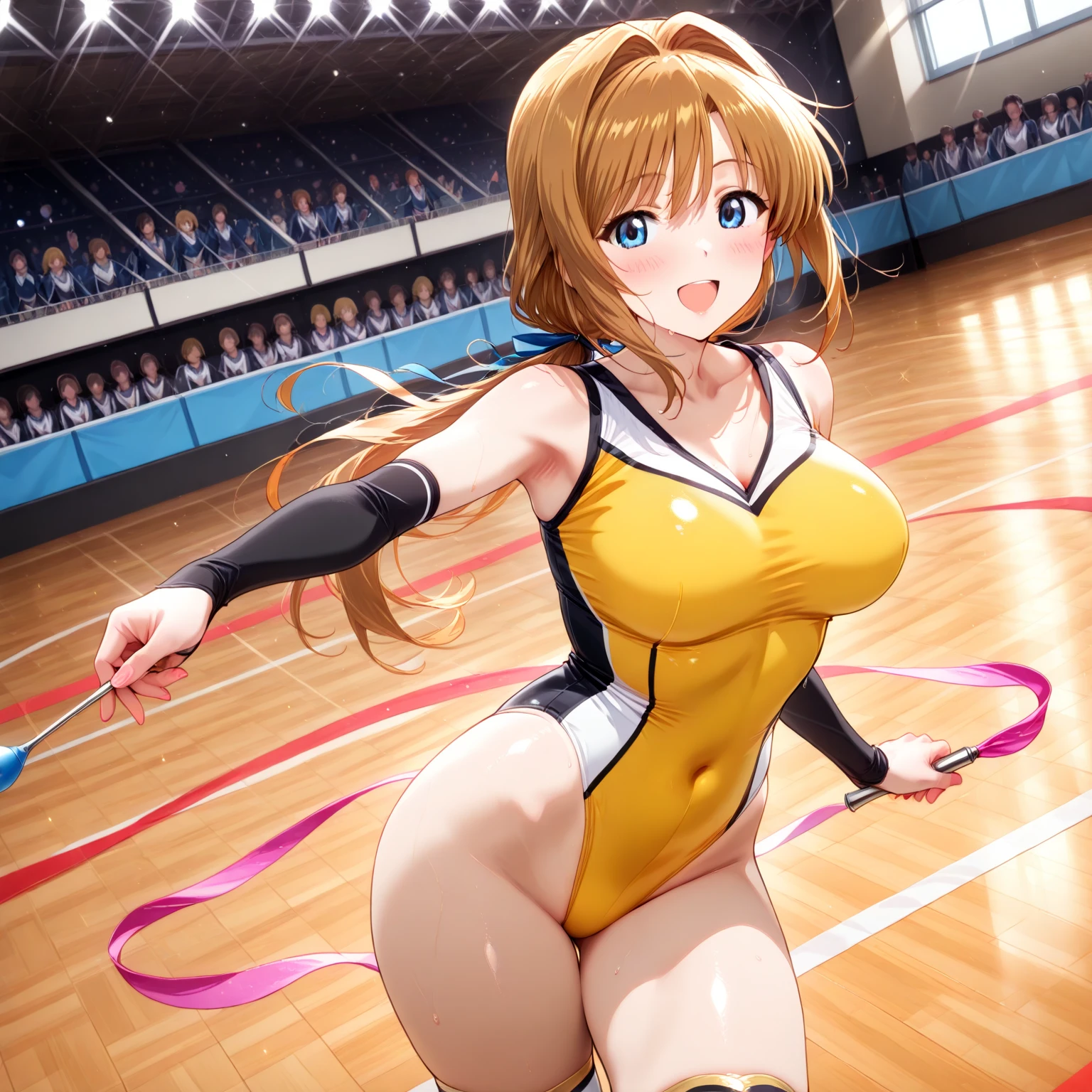 (Highly detailed CG Unity 8K wallpapers),(masterpiece), (Highest quality), (Very detailed), (Best illustrations),(Best Shadow), , beauty、Gymnastics、leotard、Get  with your hands、Accentuate your 、Stadium、audience、Upper Body、sweating、blush、Earrings、leotardがきつい
