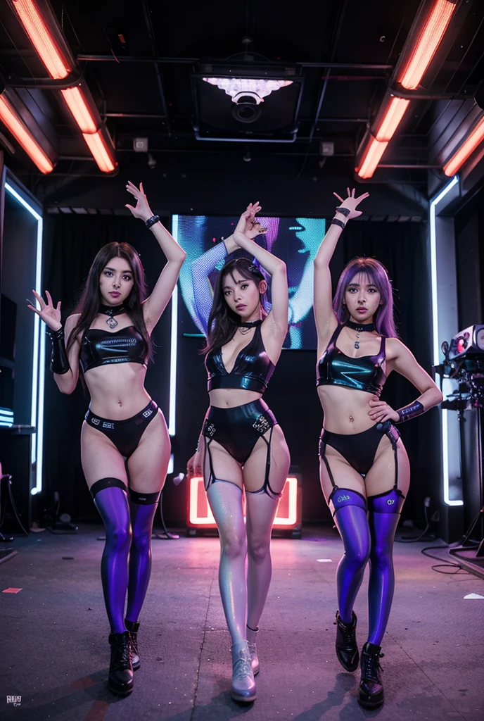 A scene where three cute girls perform a ???? dance. The costumes are super ????, with a black base.