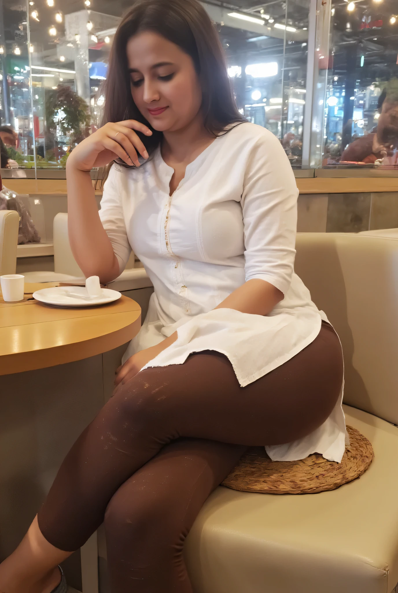 Sofia 23 year old  hot sexy  girl ,kurti leggings she is drinking coffee on shop ,focus on breast and leggings,big breast size, average body,leggings She lifting up her kurta with her hand and shows off her leggings.. She is  leggings feetthe thigh expose  pose  ,leggings sexy hot structure feet, big breast,side leg feet focus on sexy side posing feet  hot pose legging tight,indian hot side pose full image from head to leg Both side  cleavage sleeveless white kurta and chocolate brown legging wet tight with panty lines