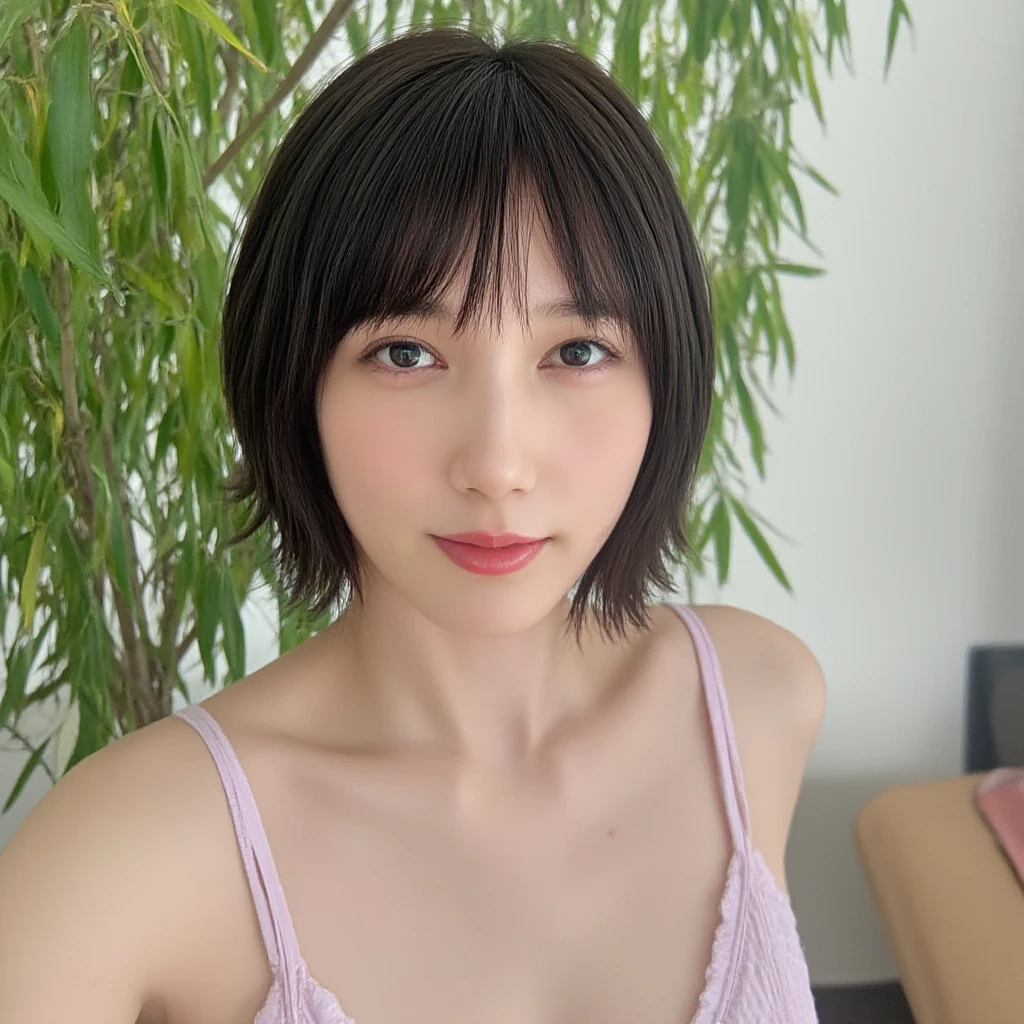 Look into the eyes, Eye contact, Front of face, face, Cross-legged, indoor, Brown Hair, bangs, Tank top, Sweat, clavicle, shoulder, Cross-legged, , Earrings, Skin Moisture, The gaze looking down on me, Look at me, Private room