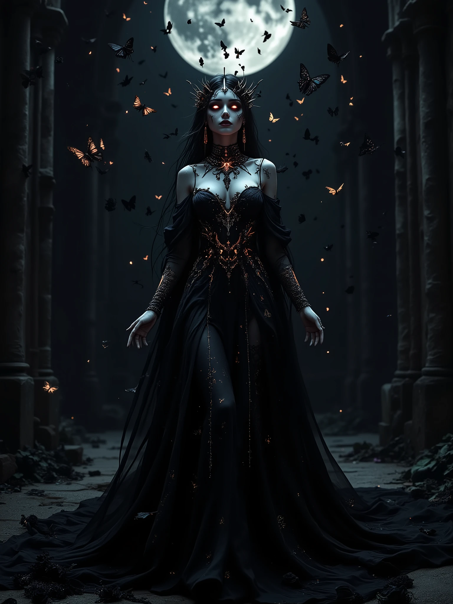 a stunning goddess of darkness and shadow, embodying the seductive dangers of the night, ethereal pale skin with a luminous glow against pitch-black surroundings, adorned with intricate jewelry made of obsidian and starlight, flowing black diaphanous gown that merges with the shadows around her, surrounded by elements of haunting beauty like dozens of moths, black roses, and swirling tendrils of darkness, her eyes hypnotic and filled with ancient wisdom, standing in a moonlit cathedral ruins where shadow creatures dance at her feet, atmosphere of mystical seduction and power, dramatic chiaroscuro lighting creating stark contrasts, photographed with cinematic depth, 8k detaile