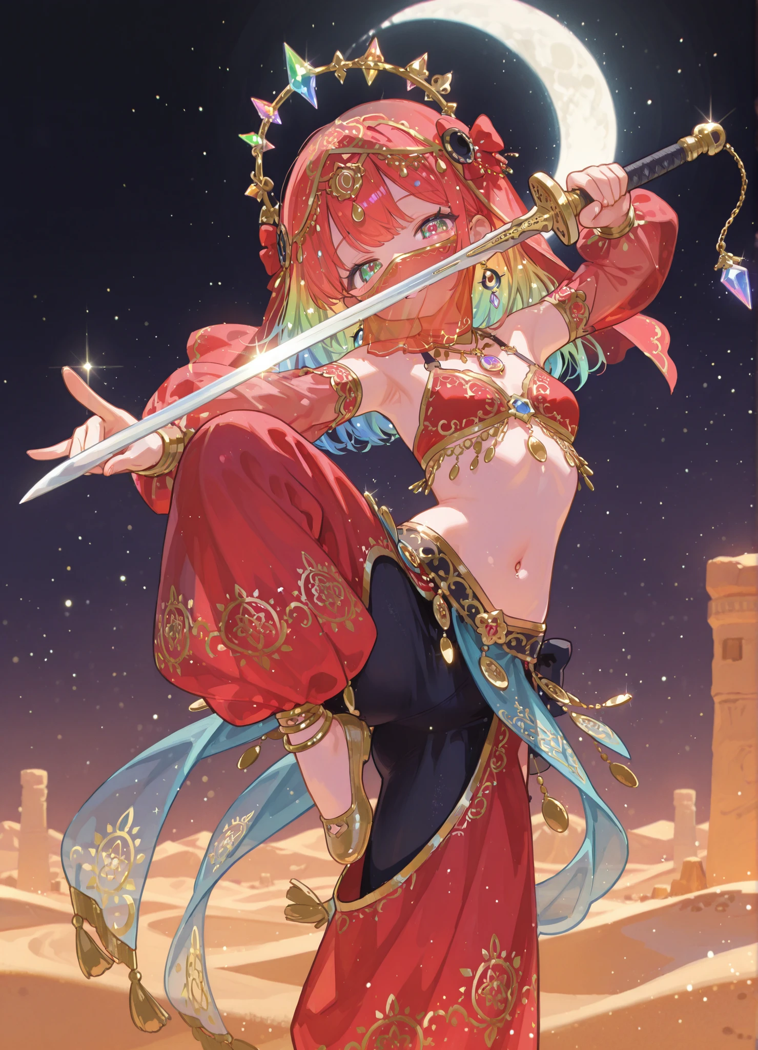 Sword dancing girl, petite, cute, Arabian belly dancer outfit, face veil, long pants, sheer, glittering, intricate embroidery, red costume, hair accessory, crystal earrings and pendant, holding a sword, scimitar, intricate pattern, surrounded by light, curved light representing the sword's trajectory, pointing the tip of the sword, bending one leg, dynamic pose, zoom in on the sword, piercing eyes, shy smile. Background, desert, crescent moon, light particles, colorful, ray tracing, fantastical.