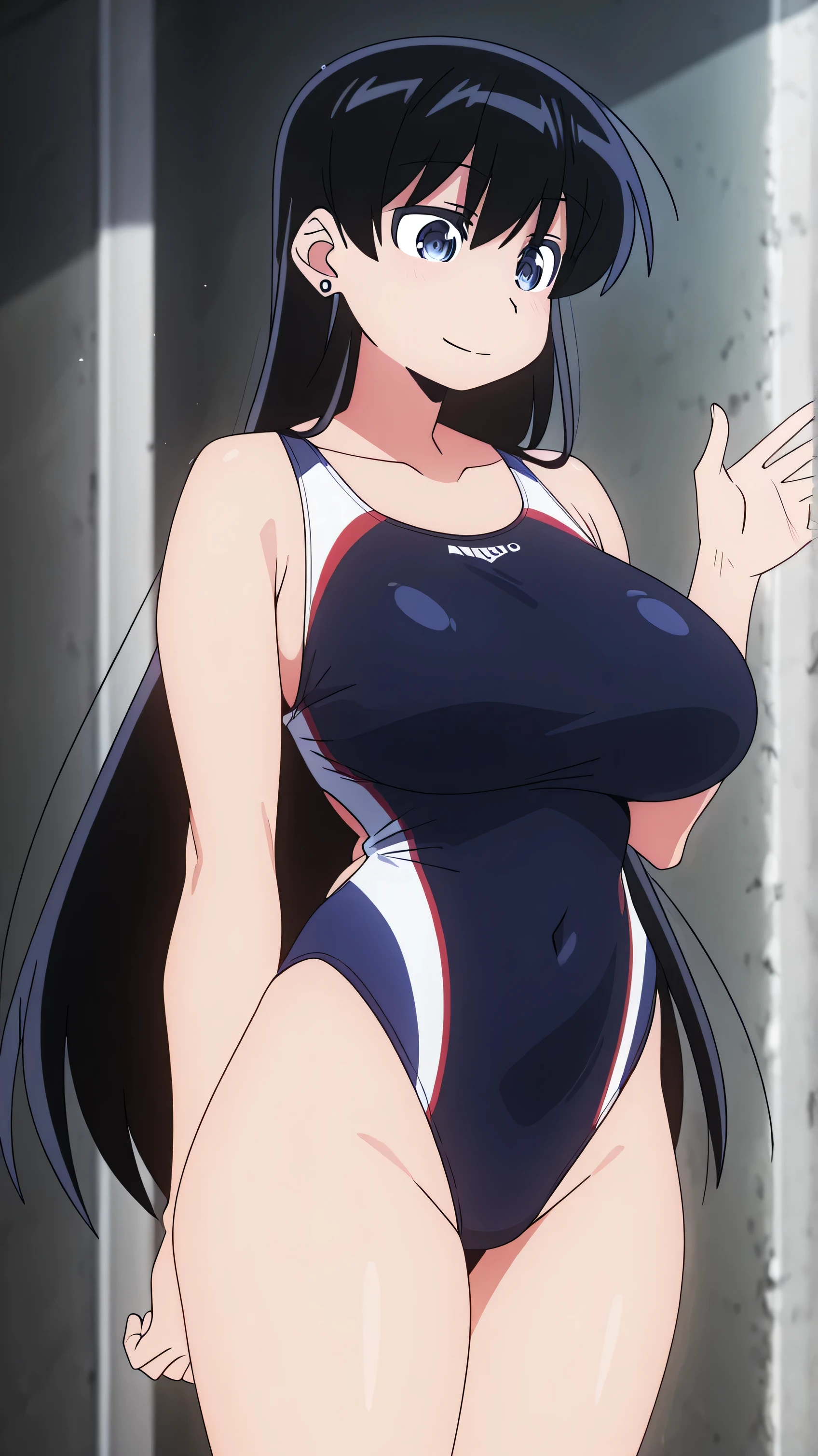 Arato Nagi, long hair,black hair,jewelry,earrings,blue eyes, large breasts、Competition Swimwear、 popup、、