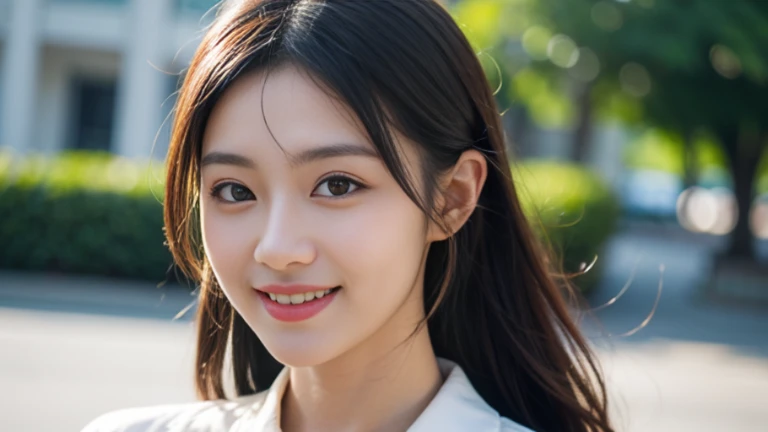 masterpiece, highest quality, 8K, 15 years old, japanese girl, Raw photo, disorganized, award-winning portraits, smile, smile, alone, , summer clothes, idol face, violaces, gardenia, delicate girl, long black hair, black eyes, Upper body, Digital single-lens reflex camera, looking at the viewer, Frank, Sophisticated, like々New, thin arms, professional lighting, film grain, chromatic aberration, (Eye and face details: 1.0), (Bokeh button:1.1)