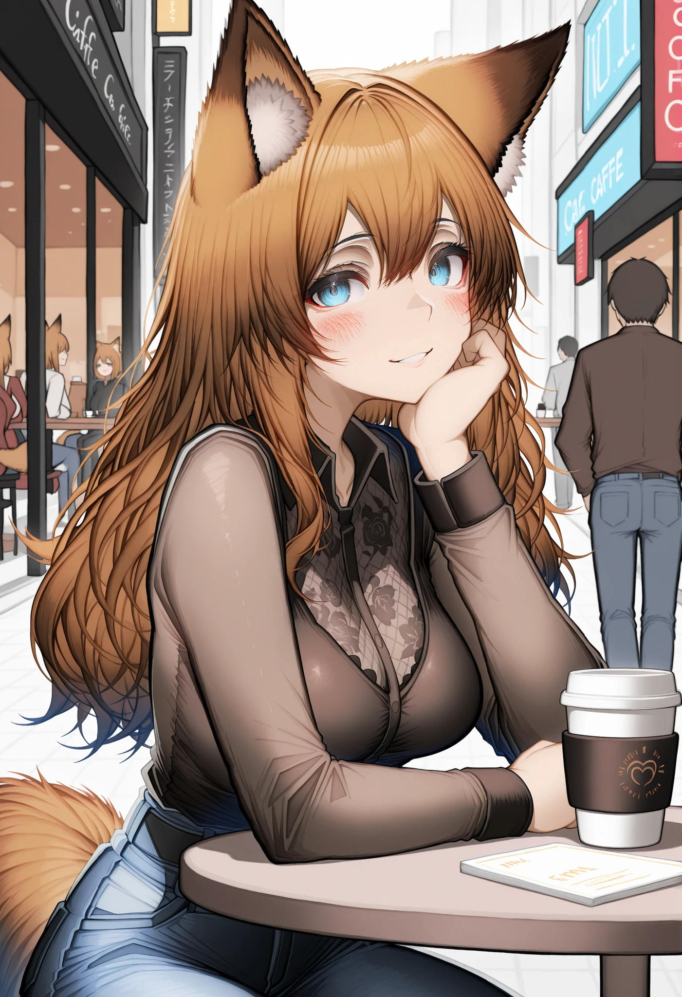 masterpiece,best quality,amazing quality, tab head, fox girl, brown hair,blue eyes, brown fox ears, brown fox tail, wavy hair, hair between eyes, medium breasts, mature female, lace trim shirt, long sleeves, buttoned shirt, collared shirt, mall, holding shopping bag, jeans, sitting, cup of coffee, cafe, outdoors, head rest, smile, table, looking at viewer,
<lora:Tab head style (Illustrious) v1:1>