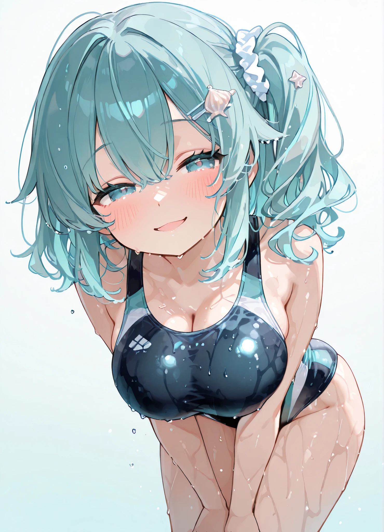 masterpiece, best quality, official anime illustration, (original character:1.2), 1girl, 0, voluptuous body, very , glossy high-leg competition swimsuit, wet skin sheen, (スケベ pose: leaning forward, arms squeezed under ), half-lidded eyes, teasing open-mouth smile, blush across cheeks, waist-length sapphire-blue wavy hair, side ponytail, seashell hair clip, subtle rim light, simple gradient background (aqua→cyan), clean crisp line-art, vibrant cel shading