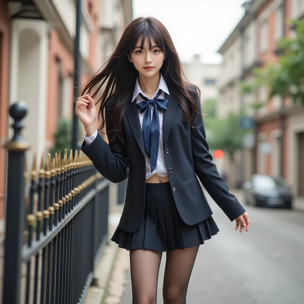 (tight dress, tight skirt, slim waist: 1.4), (plump , thin: 1.6), (tall stature, 175cm tall, thin: 1. 4), Long legs, Attention exploration, Highest quality, Very high resolution, 1 person, full body, Black hair, Cool expression, Staring at the camera, Beautiful and complicated face, Smooth and beautiful skin, Skin texture, High school student, Uniform, Checkered , After school class, standing position