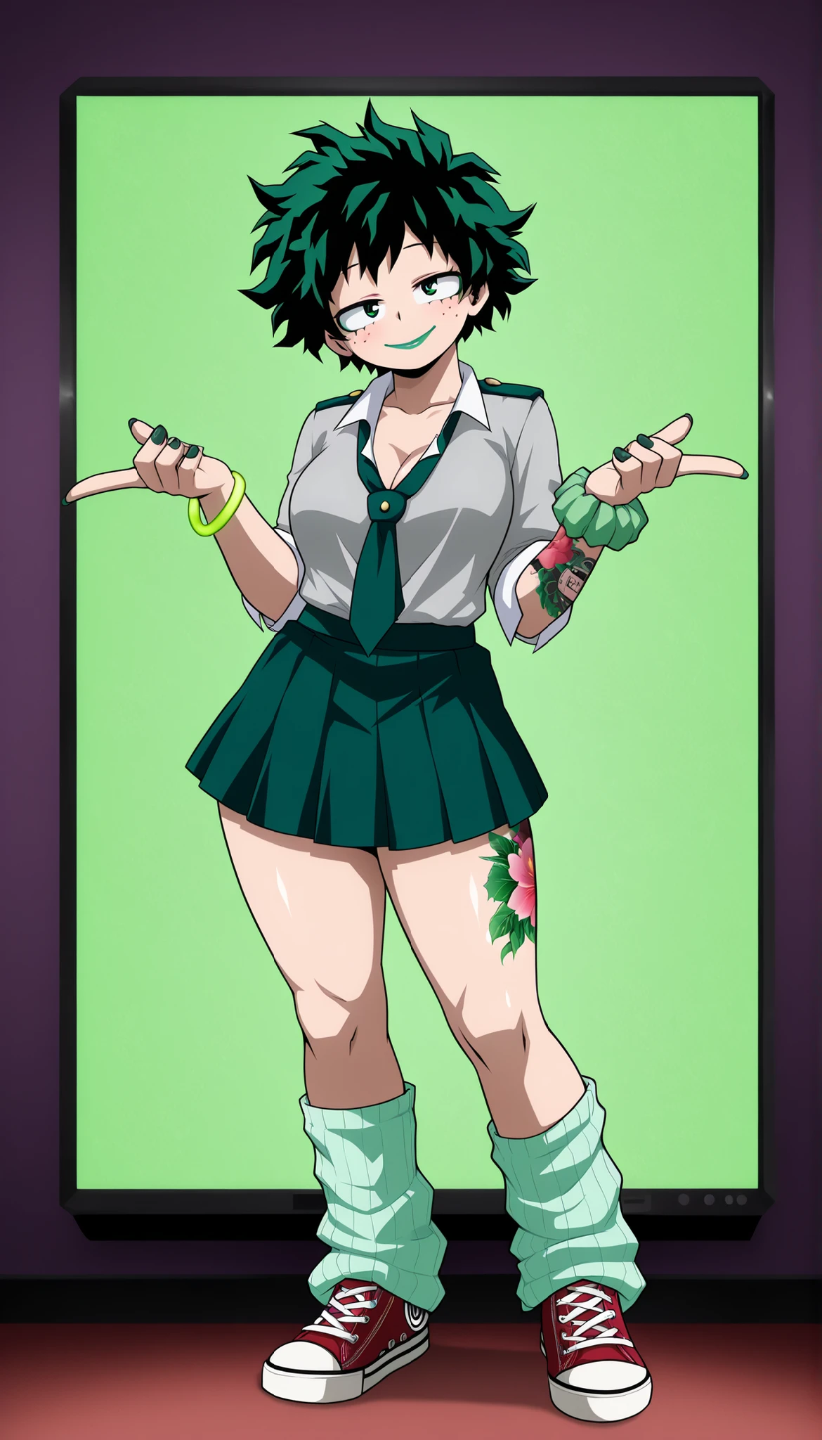 ((Highest Quality)), ((Karaoke background)), (My Hero Academia Style), (by day), 1female, female, medium Breast, thighs, hips, thick shins, solo, Athletic body, tall, standing, (Full Body), Midoriya Izuku, gender bender, half-closed eyes, green eyes, very short hair, pale skin, dark green nail polish, Gyaru, school uniform, school uniform outfit, loose green tie, pale green loose leg warmers, Red Converse, Converse, neon green lipstick, neon green hair, green scrunchie wrist, cleavage, shorts under skirt, neon green eyeshadow, seductive smile, mischievous look, sexy pose, sexy Gyaru, ((droopy eyes)), (Tattoos), (tattooed skin),