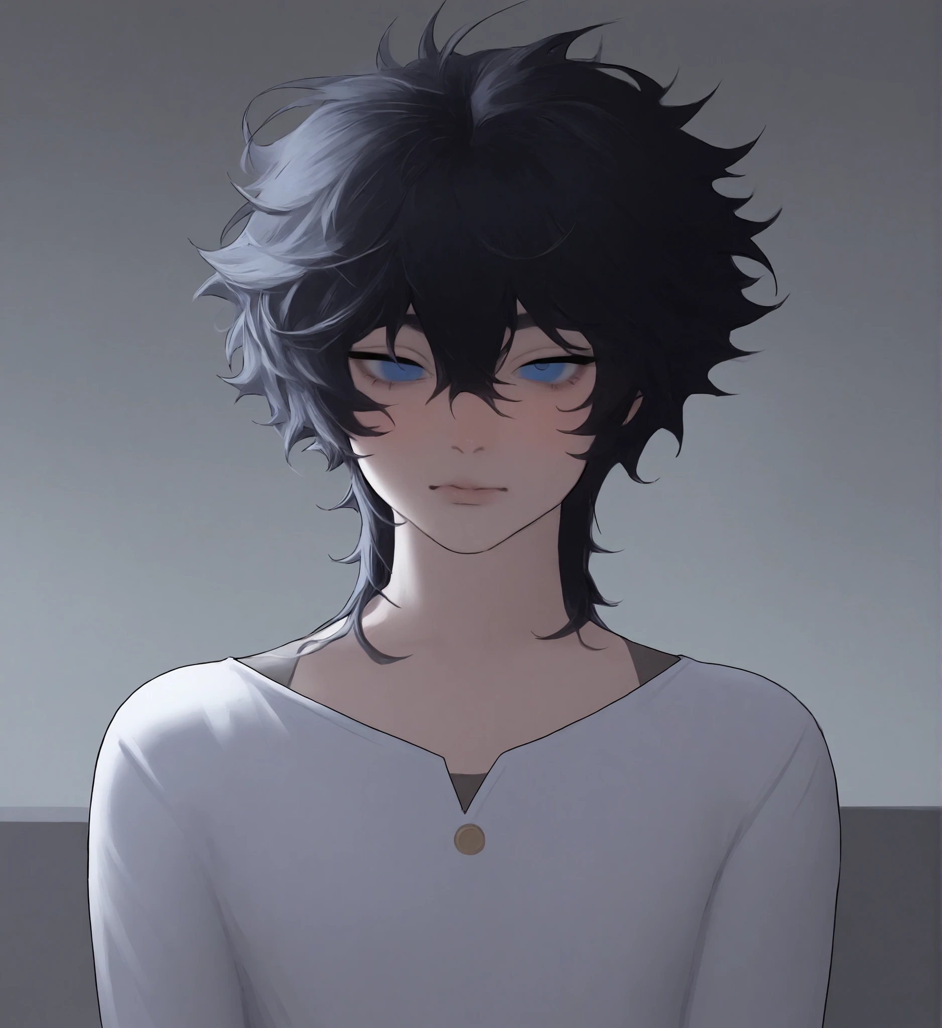 1boy, solo, masterpiece, best quality  imuoen, cute, short hair, messy bangs, black hair, blue eyes, femboy