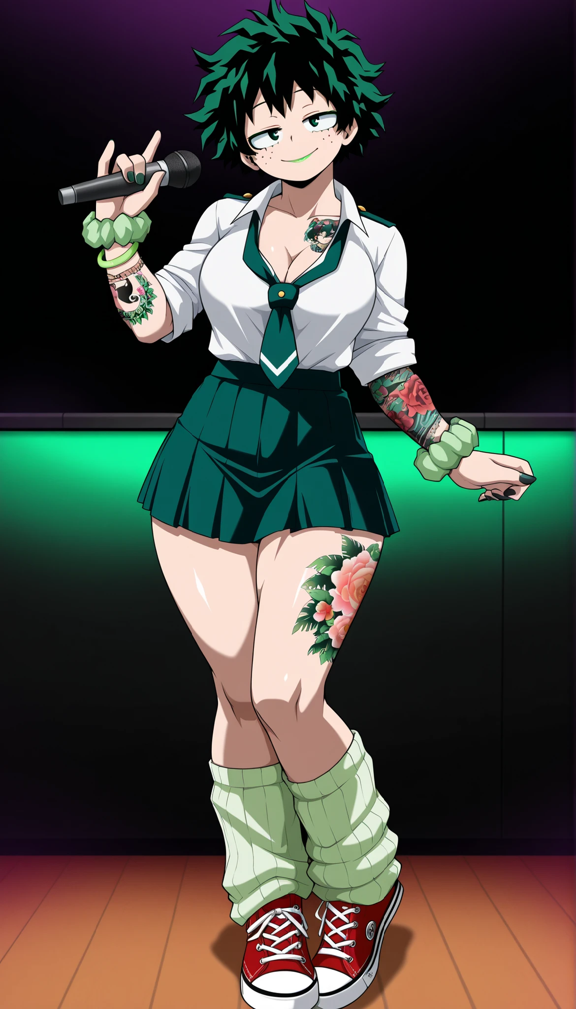 ((Highest Quality)), ((Karaoke background)), (My Hero Academia Style), (by day), 1female, female, medium Breast, thighs, hips, thick shins, solo, Athletic body, tall, standing, (Full Body), Midoriya Izuku, gender bender, half-closed eyes, green eyes, very short hair, pale skin, dark green nail polish, Gyaru, school uniform, school uniform outfit, loose green tie, pale green loose leg warmers, Red Converse, Converse, neon green lipstick, neon green hair, green scrunchie wrist, cleavage, shorts under skirt, neon green eyeshadow, seductive smile, mischievous look, sexy pose, sexy Gyaru, ((droopy eyes)), (((Tattoos))), ((tattooed skin)),
