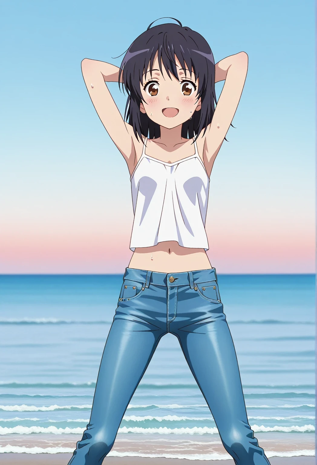 score_9, score_8_up, score_7_up, source_anime, highres, hi res, ((best quality, top quality, perfect quality, Highest Quality, amazing quality)), {{masterpiece}}, {{an extremely delicate and beautiful}}, 2d, intricate details, official style, anime, 8k, anime style, official_anime, official art, digital painting, cell shading, soft shading, high resolution, soothing tones, Subdued Color, Soft cinematic light, adobe lightroom, photolab, HDR, intricately and hyper-detailed, ((high quality animation)), 1 girl, Alone, solo, ((ocean)), tsunami, on the water, day, sunny, outdoors, sky, windy, mitsuha miyamizu, black hair, brown eyes, medium hair, anime screencap, small breasts, white camisole top, crop top, white crop top, best quality, hyper-detailed jeans, ((blue jeans:1.9)), (dark blue jeans:0.6), full medium body, medium shot, Open mouth, smiling, happy face, blush, sweat, standing, ((arms behind head:6.0)), bowlegged, sliding pose, action, looking at viewer, spread legs, Bend knees slightly, straight-on front view