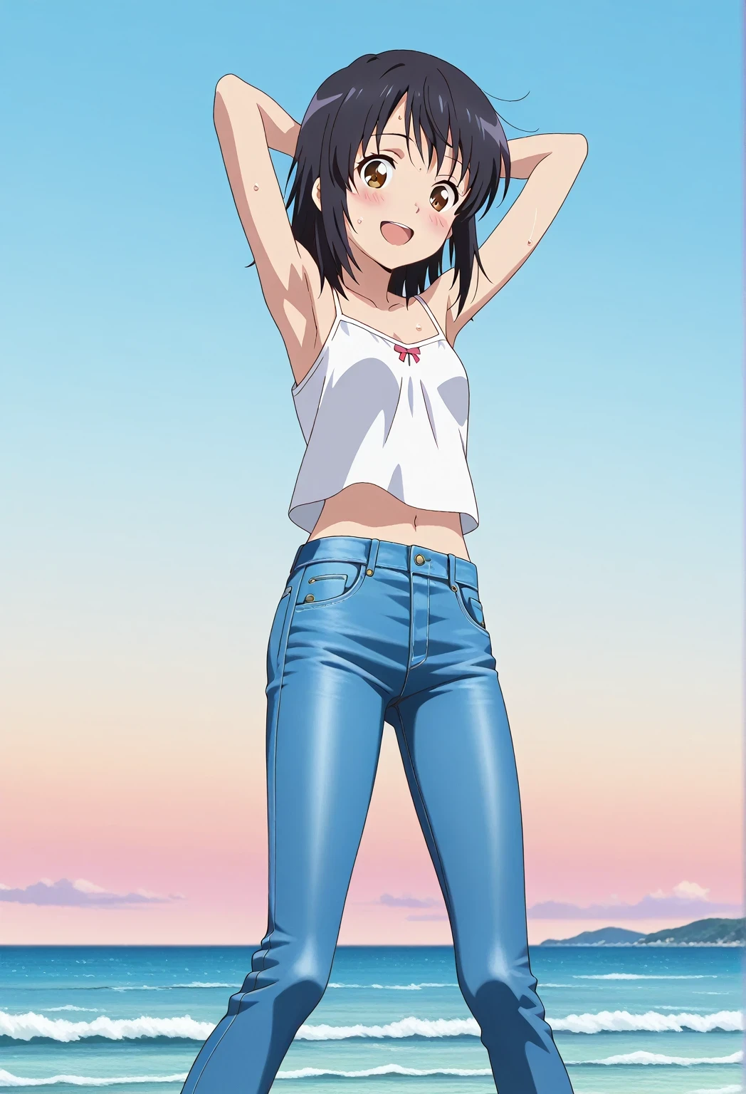 score_9, score_8_up, score_7_up, source_anime, highres, hi res, ((best quality, top quality, perfect quality, Highest Quality, amazing quality)), {{masterpiece}}, {{an extremely delicate and beautiful}}, 2d, intricate details, official style, anime, 8k, anime style, official_anime, official art, digital painting, cell shading, soft shading, high resolution, soothing tones, Subdued Color, Soft cinematic light, adobe lightroom, photolab, HDR, intricately and hyper-detailed, ((high quality animation)), 1 girl, Alone, solo, ((ocean)), tsunami, on the water, day, sunny, outdoors, sky, windy, mitsuha miyamizu, black hair, brown eyes, medium hair, anime screencap, small breasts, white camisole top, crop top, white crop top, best quality, hyper-detailed jeans, ((blue jeans:1.9)), (dark blue jeans:0.6), full medium body, medium shot, Open mouth, smiling, happy face, blush, sweat, standing, ((arms behind head:6.0)), bowlegged, sliding pose, action, looking at viewer, spread legs, Bend knees slightly, straight-on front view