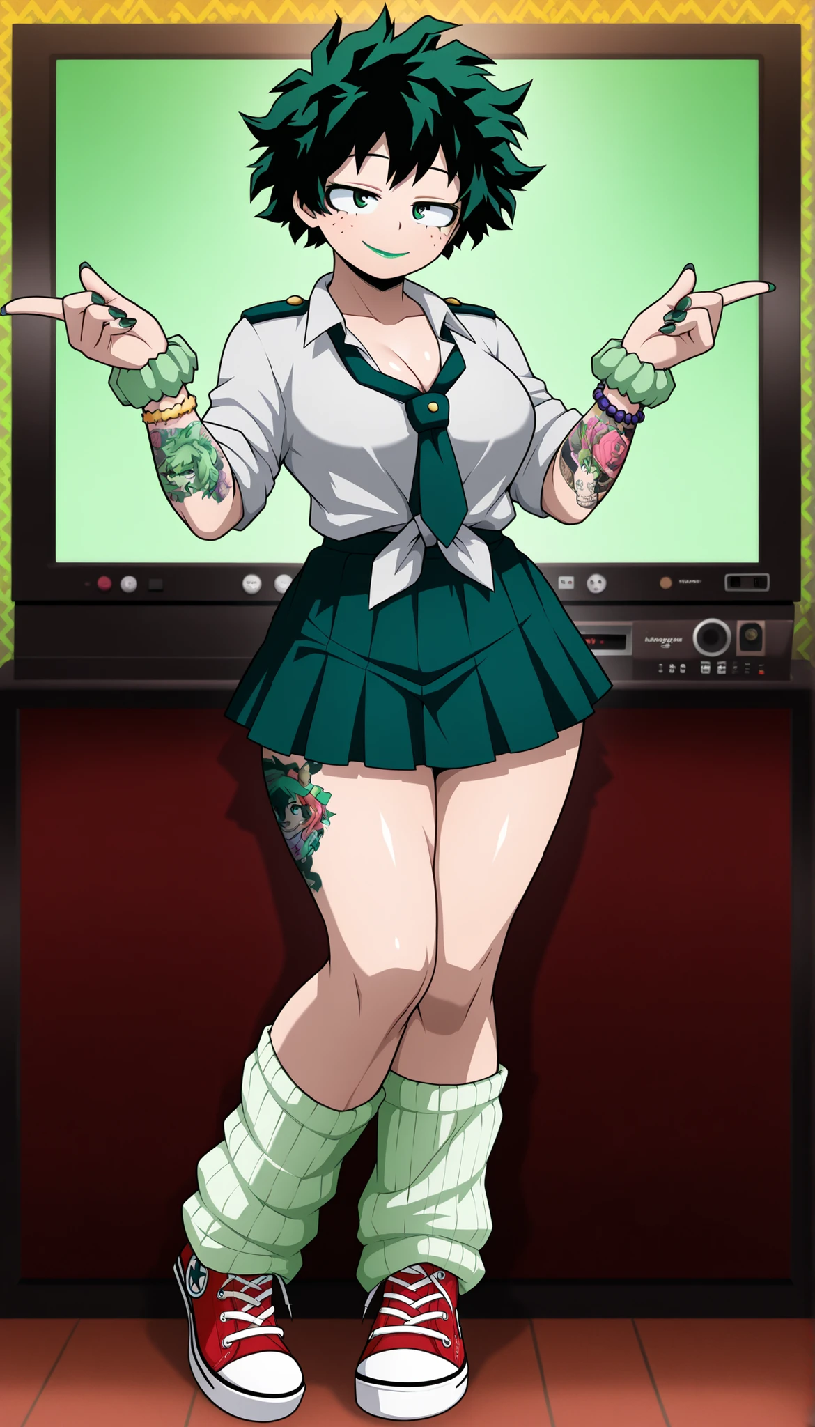 ((Highest Quality)), ((Karaoke background)), (My Hero Academia Style), (by day), 1female, female, medium Breast, thighs, hips, thick shins, solo, Athletic body, tall, standing, (Full Body), Midoriya Izuku, gender bender, half-closed eyes, green eyes, very short hair, pale skin, dark green nail polish, Gyaru, school uniform, school uniform outfit, loose green tie, pale green loose leg warmers, Red Converse, Converse, neon green lipstick, neon green hair, green scrunchie wrist, cleavage, shorts under skirt, neon green eyeshadow, seductive smile, mischievous look, sexy pose, sexy Gyaru, ((droopy eyes)), (((Tattoos))), ((tattooed skin)),