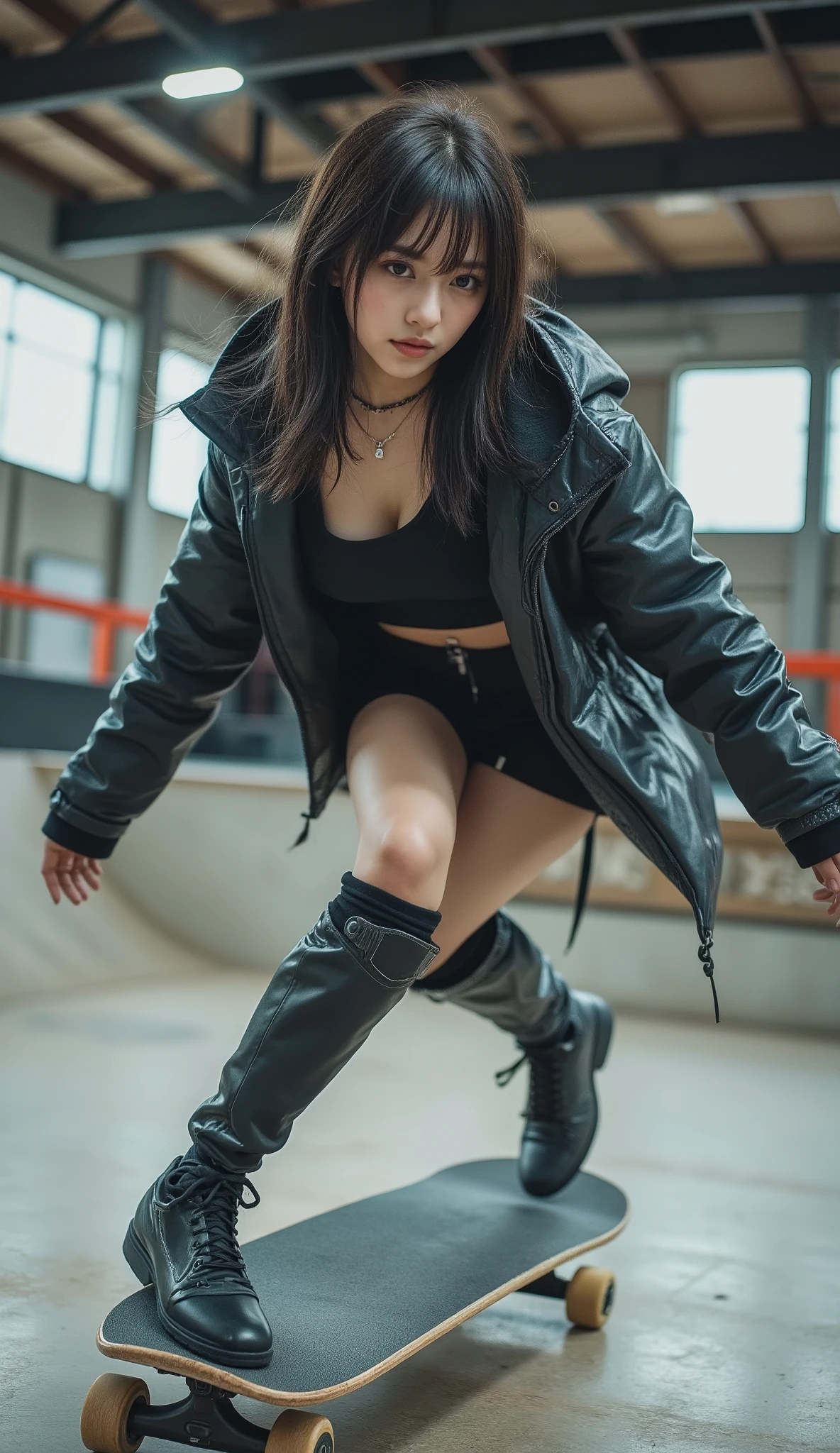 ( 32K High Resolution, Highest Quality, masterpiece:1.3, ultra high definition), Details on all aspects, mysterious, ultimate perfect dynamic configuration:1.3, highly detailed skin and facial textures, Professional camera work with a beautiful focus, Ultra High Accuracy, (skateboarding area, Dynamic:1.3), (Flip-type trick:0.8, jumping:0.9, wearing clothes that are inappropriate for skateboarding:1.0, handles skateboarding in a genius way:1.0), Small Faces, sexy face, Cutting edge, wonderful, tradition, majestic, training, (big L cup boobs, 55cm waist size, 92 cm butt), Romantic, Artistic, mysterious, Object of praise, original, Dramatic, Innovative, charm, Heartful, gorgeous, sense of loss, Special, exciting, Extreme, Mysterious Symmetry