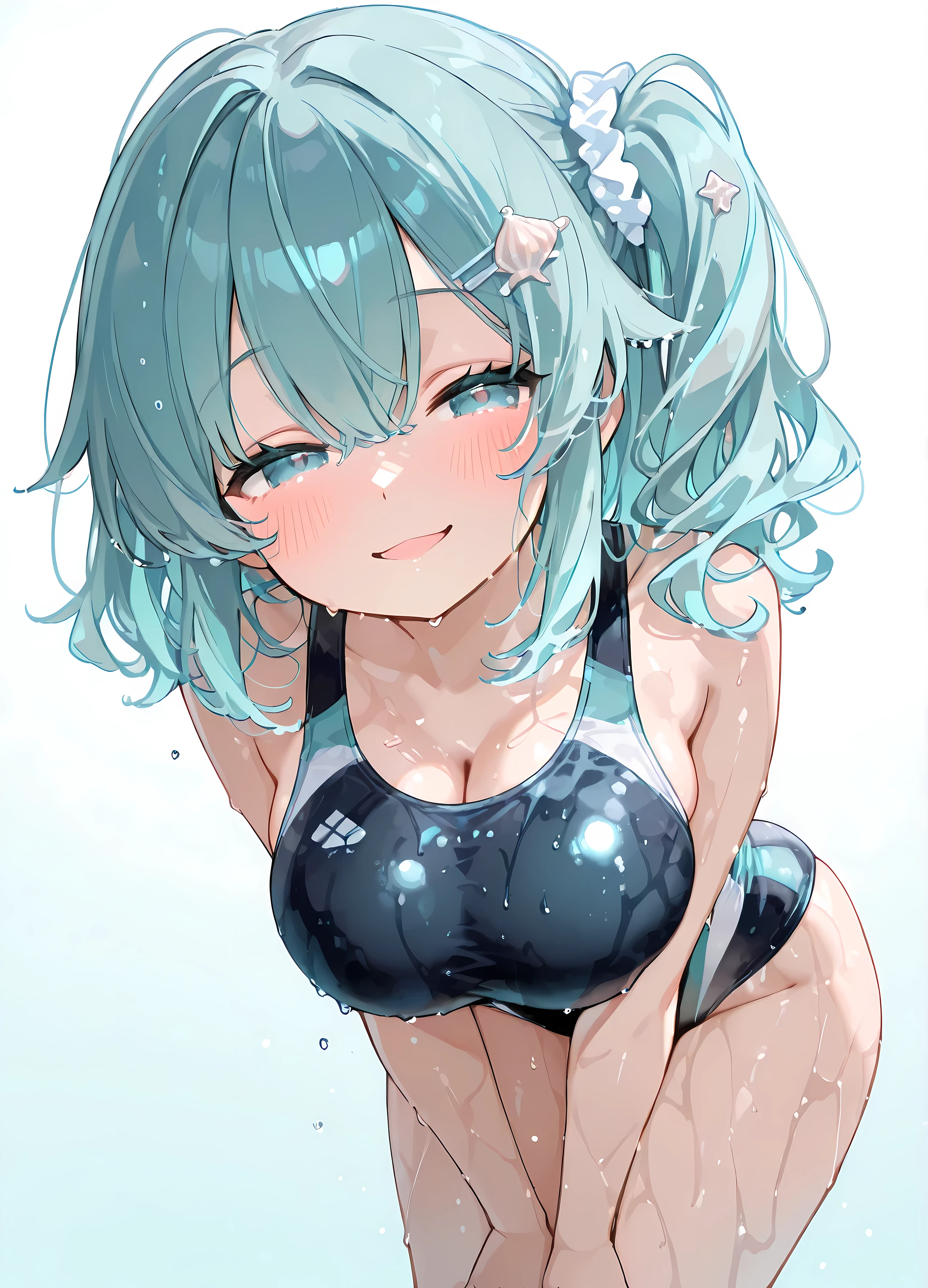 masterpiece, best quality, official anime illustration, (original character:1.2), 1girl, 0, voluptuous body, very , glossy high-leg competition swimsuit, wet skin sheen, (スケベ pose: leaning forward, arms squeezed under ), half-lidded eyes, teasing open-mouth smile, blush across cheeks, waist-length sapphire-blue wavy hair, side ponytail, seashell hair clip, subtle rim light, simple gradient background (aqua→cyan), clean crisp line-art, vibrant cel shading