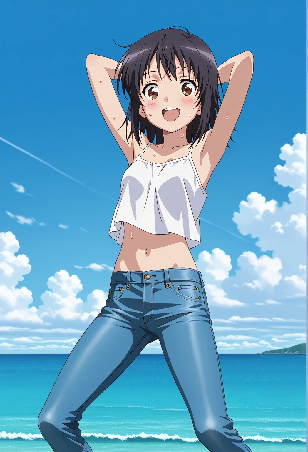 score_9, score_8_up, score_7_up, source_anime, highres, hi res, ((best quality, top quality, perfect quality, Highest Quality, amazing quality)), {{masterpiece}}, {{an extremely delicate and beautiful}}, 2d, intricate details, official style, anime, 8k, anime style, official_anime, official art, digital painting, cell shading, soft shading, high resolution, soothing tones, Subdued Color, Soft cinematic light, adobe lightroom, photolab, HDR, intricately and hyper-detailed, ((high quality animation)), 1 girl, Alone, solo, ((ocean)), tsunami, on the water, day, sunny, outdoors, sky, windy, mitsuha miyamizu, black hair, brown eyes, medium hair, anime screencap, small breasts, white camisole top, crop top, white crop top, best quality, hyper-detailed jeans, ((blue jeans:1.9)), (dark blue jeans:0.6), full medium body, medium shot, Open mouth, smiling, happy face, blush, sweat, standing, ((arms behind head:6.0)), bowlegged, jumping pose, action, looking at viewer, spread legs, Bend knees slightly, straight-on front view
