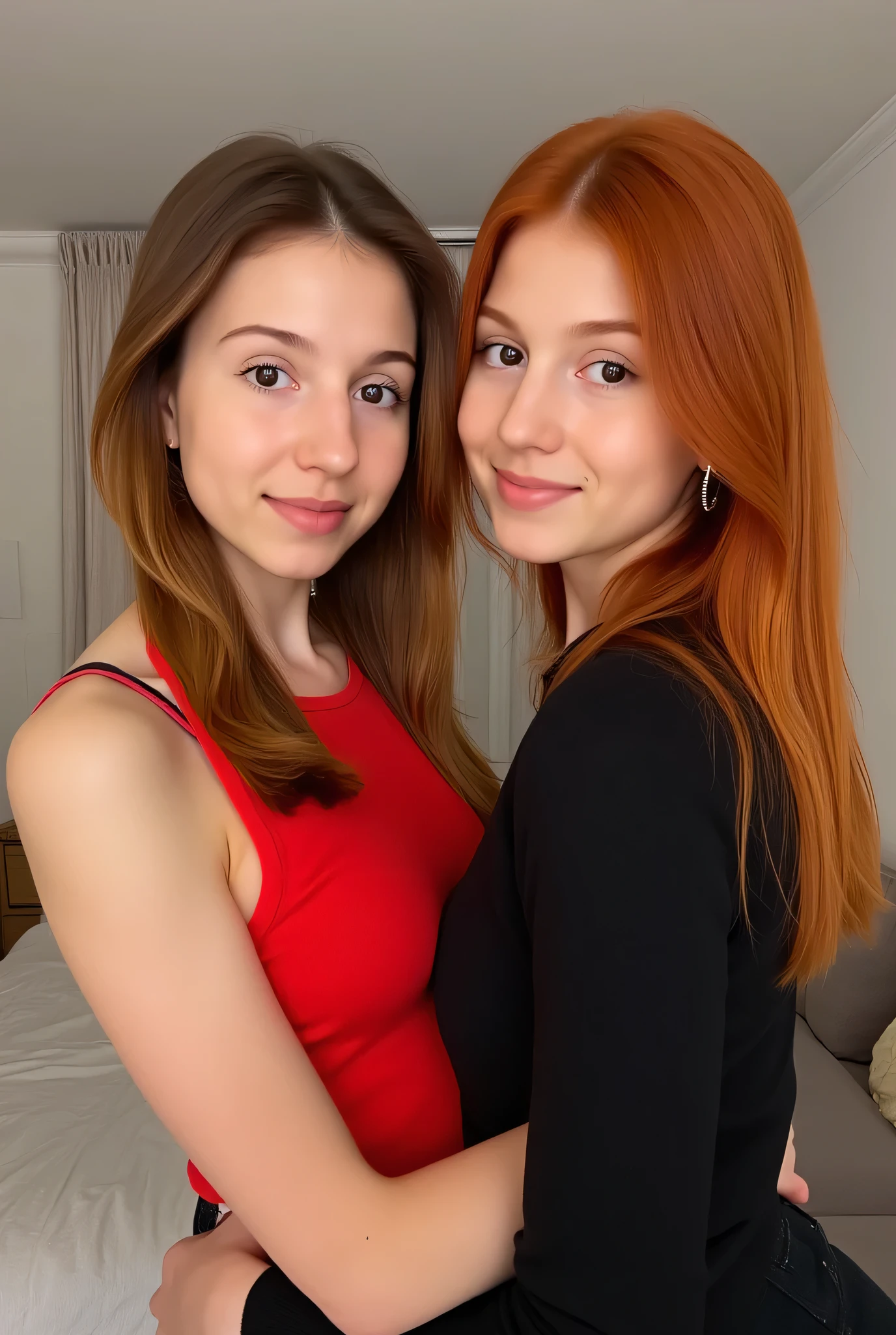 A photorealistic portrait of two young women in a stylish, modernen Raum. The first woman has long, straight red hair and wear a red tank top. She has fair skin, brown eyes and a soft smile, directed directly at the viewer. The second woman wears an elegant, schwarzes Outfit, that stands out in a minimalist room with neutral colors in the background. Both women stand confidently and relaxed, slightly turned towards the camera. The room is softly lit, with a bed and a curtain in the background, creating a warm and inviting atmosphere. The lighting highlights women's natural facial features and gives the scene a soft, natural appearance.