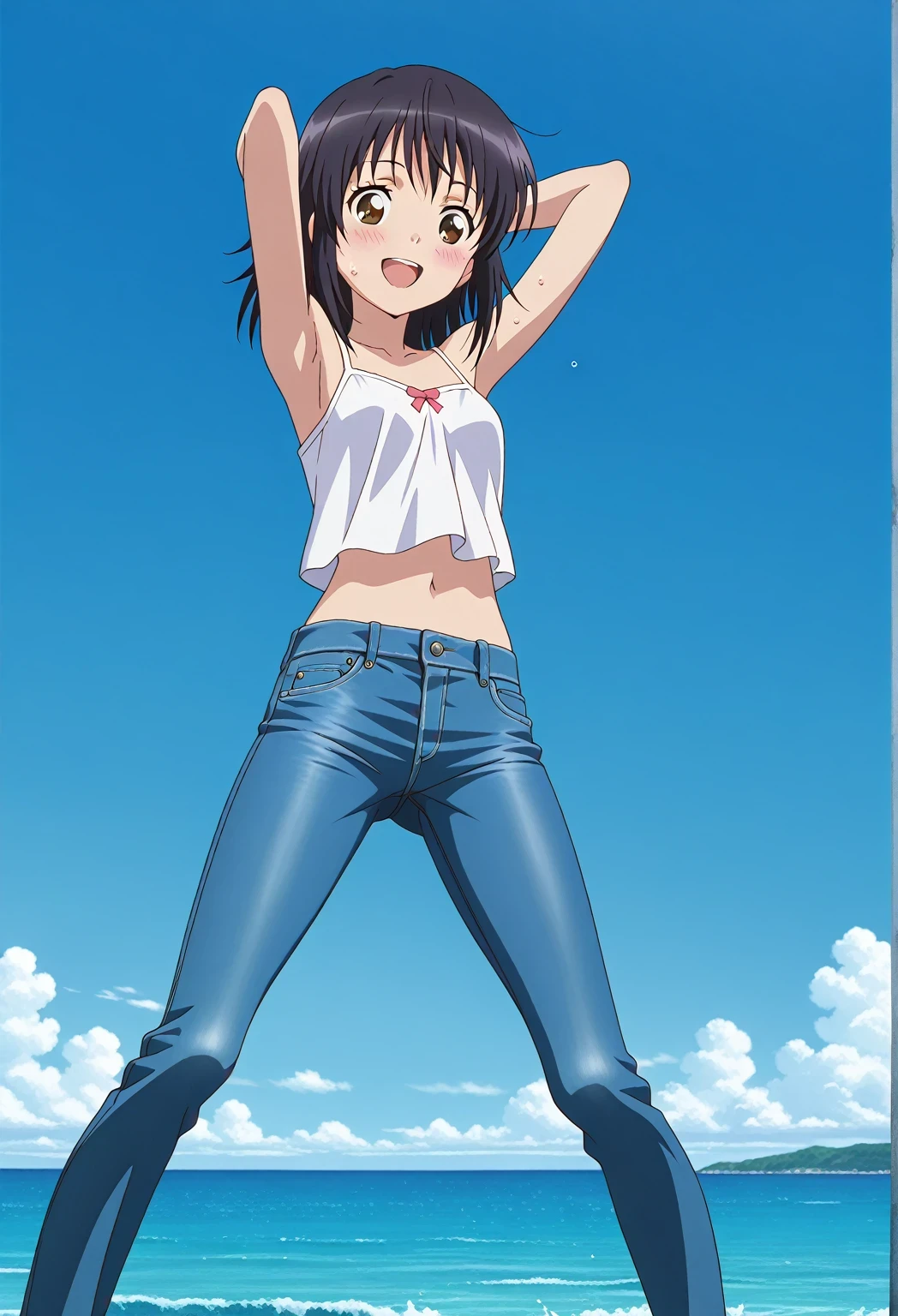 score_9, score_8_up, score_7_up, source_anime, highres, hi res, ((best quality, top quality, perfect quality, Highest Quality, amazing quality)), {{masterpiece}}, {{an extremely delicate and beautiful}}, 2d, intricate details, official style, anime, 8k, anime style, official_anime, official art, digital painting, cell shading, soft shading, high resolution, soothing tones, Subdued Color, Soft cinematic light, adobe lightroom, photolab, HDR, intricately and hyper-detailed, ((high quality animation)), 1 girl, Alone, solo, ((ocean)), tsunami, on the water, day, sunny, outdoors, sky, windy, mitsuha miyamizu, black hair, brown eyes, medium hair, anime screencap, small breasts, white camisole top, crop top, white crop top, best quality, hyper-detailed jeans, ((blue jeans:1.9)), (dark blue jeans:0.6), full medium body, medium shot, Open mouth, smiling, happy face, blush, sweat, standing, ((arms behind head:6.0)), bowlegged, sliding pose, action, looking at viewer, spread legs, Bend knees slightly, straight-on front view