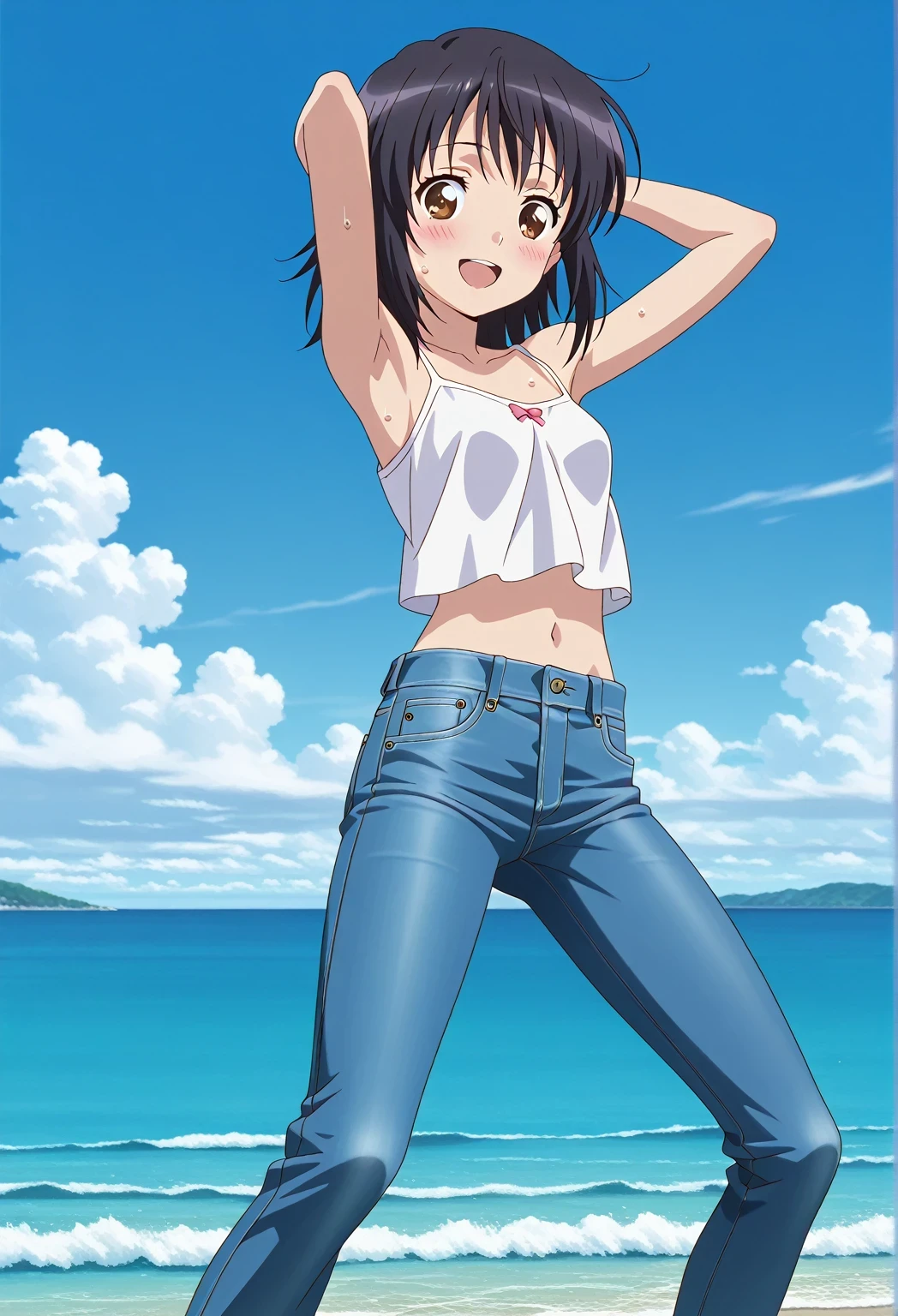 score_9, score_8_up, score_7_up, source_anime, highres, hi res, ((best quality, top quality, perfect quality, Highest Quality, amazing quality)), {{masterpiece}}, {{an extremely delicate and beautiful}}, 2d, intricate details, official style, anime, 8k, anime style, official_anime, official art, digital painting, cell shading, soft shading, high resolution, soothing tones, Subdued Color, Soft cinematic light, adobe lightroom, photolab, HDR, intricately and hyper-detailed, ((high quality animation)), 1 girl, Alone, solo, ((ocean)), tsunami, on the water, day, sunny, outdoors, sky, windy, mitsuha miyamizu, black hair, brown eyes, medium hair, anime screencap, small breasts, white camisole top, crop top, white crop top, best quality, hyper-detailed jeans, ((blue jeans:1.9)), (dark blue jeans:0.6), full medium body, medium shot, Open mouth, smiling, happy face, blush, sweat, standing, ((arms behind head:6.0)), bowlegged, jumping pose, action, looking at viewer, spread legs, Bend knees slightly, straight-on front view