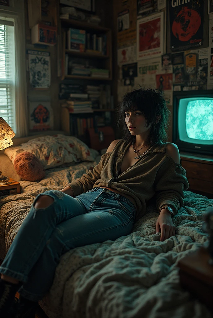 Wide shot of a young woman with her hair cut into a messy dark brown bob. She is lying back like a pinup model on an old, worn couch next to a coffee table in a retro 1970s basement rec room. Written over the static on a CRT TV in the background is "2,000". She is wearing a crewneck sweatshirt and a pair of lacy high-wait . She is looking at the camera and is very aroused. She has small and a big . The room has fake wood paneling walls with ugly orange wall-to-wall carpet. The light comes from floor lamps. No text.