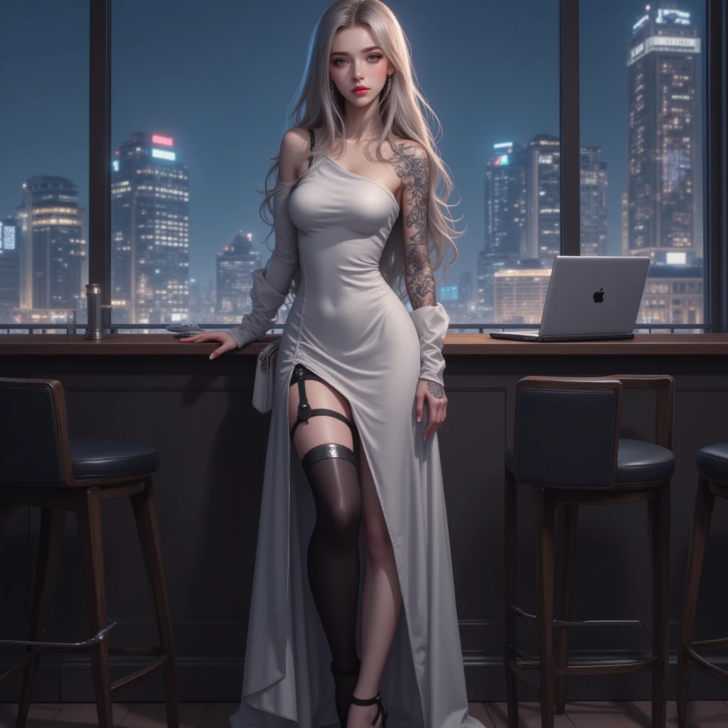 blond woman in silver dress sitting on a ledge in front of a window, cyberpunk 2 0 y. o model girl, 3 d render character art 8 k, barbara hammer 4 k, 8 k sensual lighting, cyborg - girl with silver hair, fashion shoot 8k, ava max, cyberpunk beautiful girl, beautiful cyberpunk woman model, perfect white haired girl, trending on cgstation