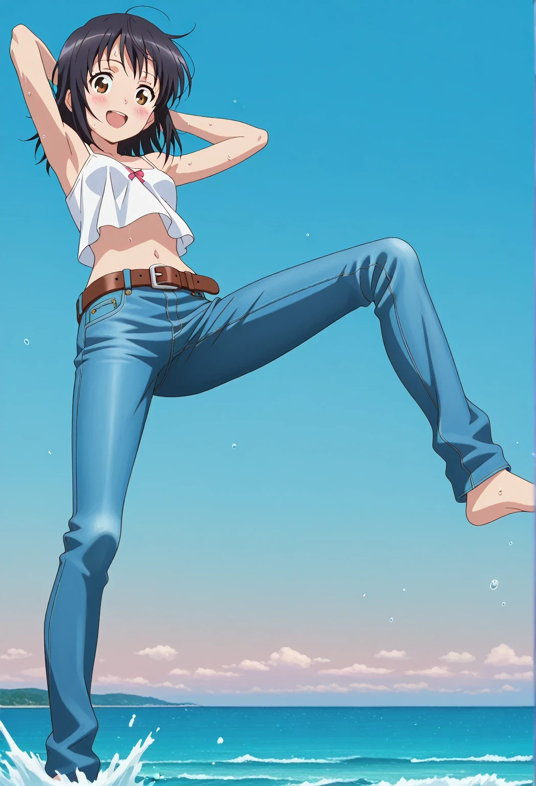 score_9, score_8_up, score_7_up, source_anime, highres, hi res, ((best quality, top quality, perfect quality, Highest Quality, amazing quality)), {{masterpiece}}, {{an extremely delicate and beautiful}}, 2d, intricate details, official style, anime, 8k, anime style, official_anime, official art, digital painting, cell shading, soft shading, high resolution, soothing tones, Subdued Color, Soft cinematic light, adobe lightroom, photolab, HDR, intricately and hyper-detailed, ((high quality animation)), 1 girl, Alone, solo, ((ocean)), tsunami, on the water, day, sunny, outdoors, sky, windy, mitsuha miyamizu, black hair, brown eyes, medium hair, anime screencap, small breasts, white camisole top, crop top, white crop top, best quality, hyper-detailed jeans, belt, brown belt, ((blue jeans:1.9)), (dark blue jeans:0.6), full medium body, medium shot, Open mouth, smiling, happy face, blush, sweat, standing, ((arms behind head:6.0)), bowlegged, jumping pose, action, looking at viewer, spread legs, Bend knees slightly, straight-on front view
