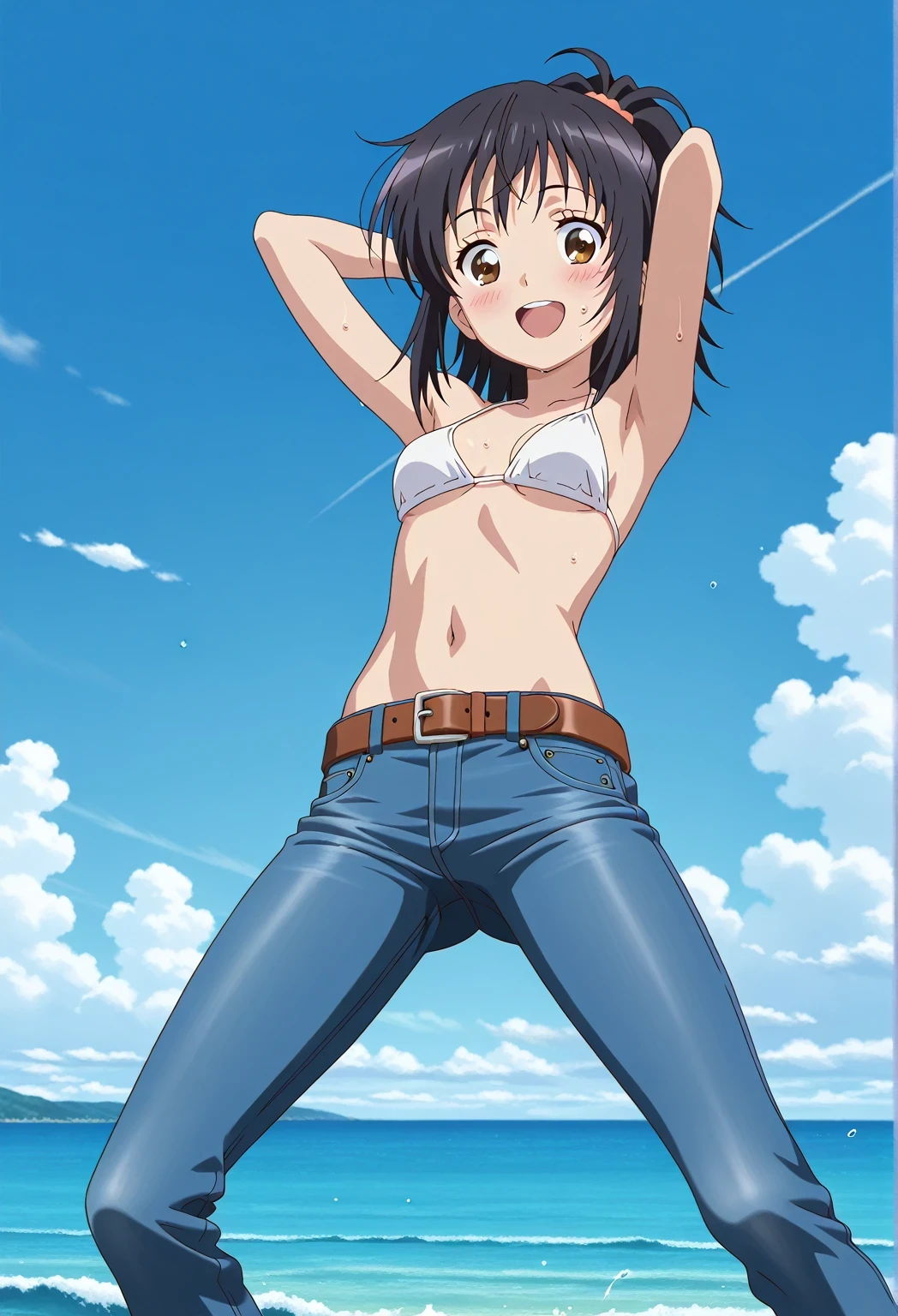 score_9, score_8_up, score_7_up, source_anime, highres, hi res, ((best quality, top quality, perfect quality, Highest Quality, amazing quality)), {{masterpiece}}, {{an extremely delicate and beautiful}}, 2d, intricate details, official style, anime, 8k, anime style, official_anime, official art, digital painting, cell shading, soft shading, high resolution, soothing tones, Subdued Color, Soft cinematic light, adobe lightroom, photolab, HDR, intricately and hyper-detailed, ((high quality animation)), 1 girl, Alone, solo, ((ocean)), tsunami, on the water, day, sunny, outdoors, sky, windy, mitsuha miyamizu, black hair, brown eyes, medium hair, anime screencap, small breasts, white bikini top, best quality, hyper-detailed jeans, belt, brown belt, ((blue jeans:1.9)), (dark blue jeans:0.6), full medium body, medium shot, Open mouth, smiling, happy face, blush, sweat, standing, ((arms behind head:6.0)), bowlegged, jumping pose, action, looking at viewer, spread legs, Bend knees slightly, straight-on front view