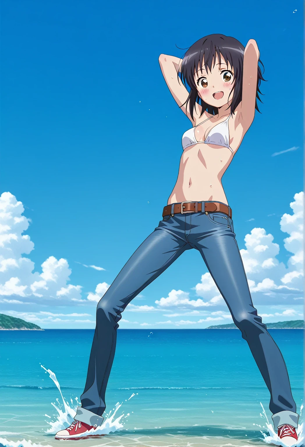 score_9, score_8_up, score_7_up, source_anime, highres, hi res, ((best quality, top quality, perfect quality, Highest Quality, amazing quality)), {{masterpiece}}, {{an extremely delicate and beautiful}}, 2d, intricate details, official style, anime, 8k, anime style, official_anime, official art, digital painting, cell shading, soft shading, high resolution, soothing tones, Subdued Color, Soft cinematic light, adobe lightroom, photolab, HDR, intricately and hyper-detailed, ((high quality animation)), 1 girl, Alone, solo, ((ocean)), tsunami, on the water, day, sunny, outdoors, sky, windy, mitsuha miyamizu, black hair, brown eyes, medium hair, anime screencap, small breasts, white bikini top, best quality, hyper-detailed jeans, belt, brown belt, ((blue jeans:1.9)), (dark blue jeans:0.6), full medium body, medium shot, Open mouth, smiling, happy face, blush, sweat, standing, ((arms behind head:6.0)), bowlegged, sliding pose, action, looking at viewer, spread legs, Bend knees slightly, straight-on front view