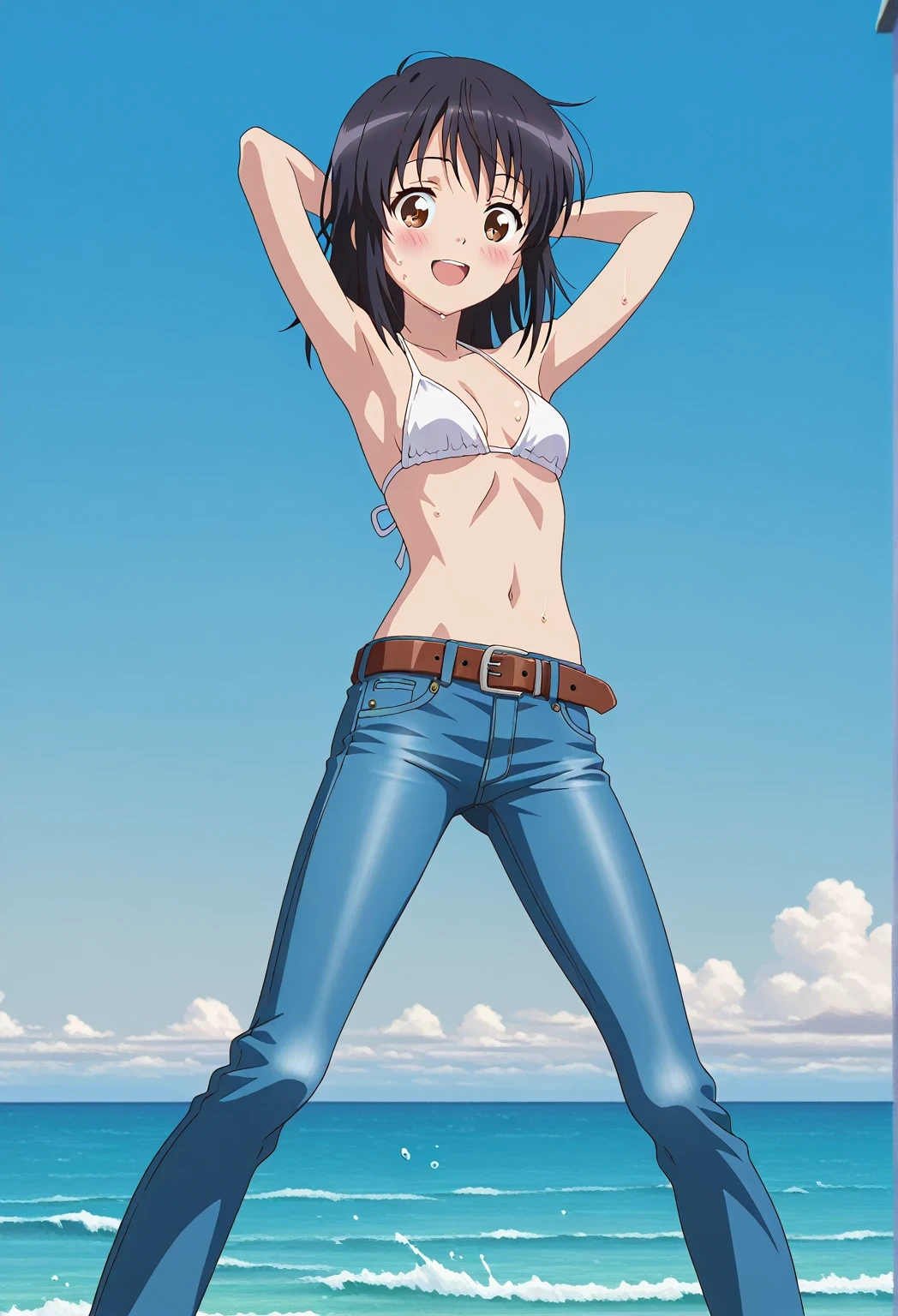 score_9, score_8_up, score_7_up, source_anime, highres, hi res, ((best quality, top quality, perfect quality, Highest Quality, amazing quality)), {{masterpiece}}, {{an extremely delicate and beautiful}}, 2d, intricate details, official style, anime, 8k, anime style, official_anime, official art, digital painting, cell shading, soft shading, high resolution, soothing tones, Subdued Color, Soft cinematic light, adobe lightroom, photolab, HDR, intricately and hyper-detailed, ((high quality animation)), 1 girl, Alone, solo, ((ocean)), tsunami, on the water, day, sunny, outdoors, sky, windy, mitsuha miyamizu, black hair, brown eyes, medium hair, anime screencap, small breasts, white bikini top, best quality, hyper-detailed jeans, belt, brown belt, ((blue jeans:1.9)), (dark blue jeans:0.6), full medium body, medium shot, Open mouth, smiling, happy face, blush, sweat, standing, ((arms behind head:6.0)), bowlegged, sliding pose, action, looking at viewer, spread legs, Bend knees slightly, straight-on front view