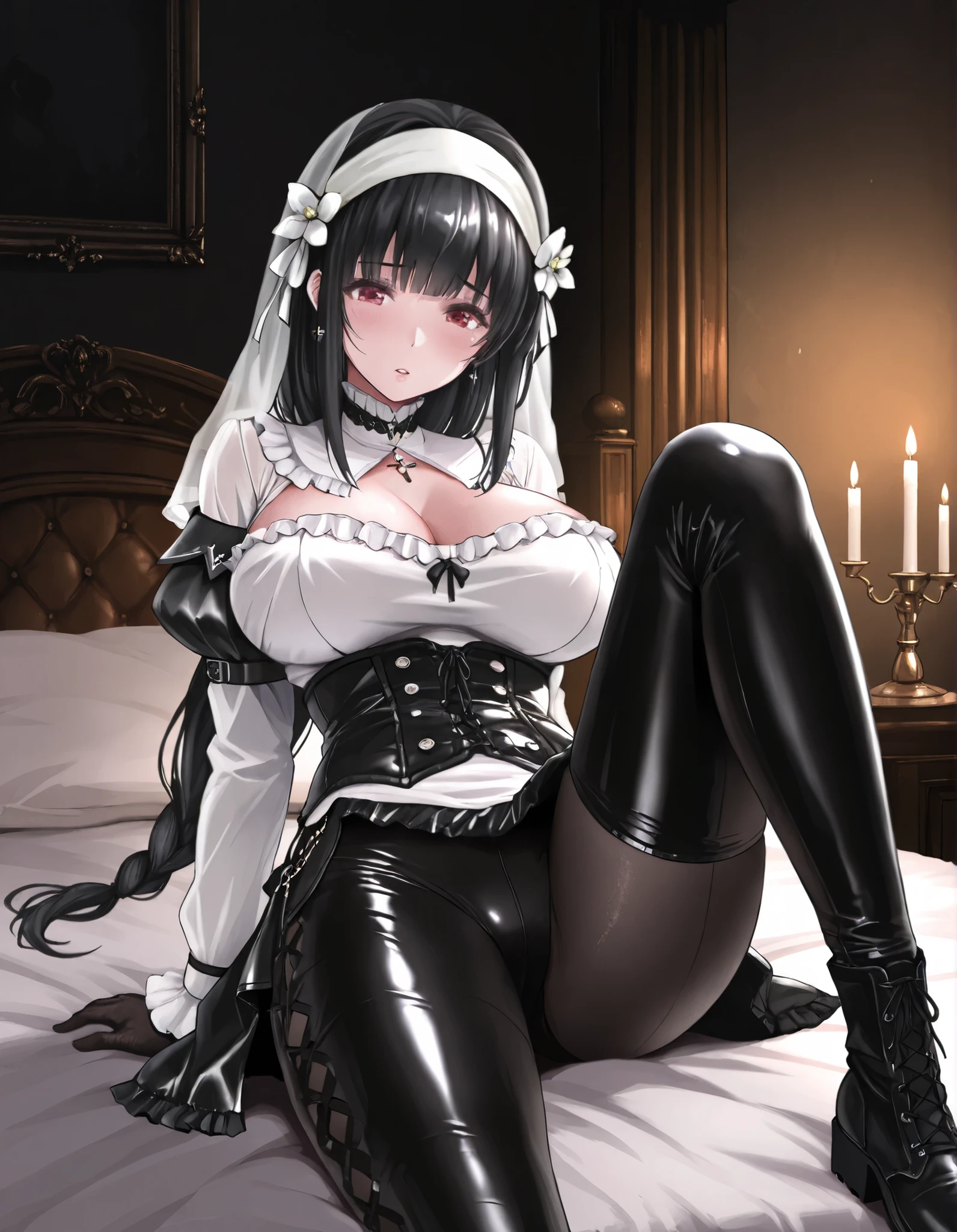  masterpiece, the best quality, muy estético, approach, 1girl, rabiane,  nun's veil skirt, Alone, sitting on a bed, dynamic pose, black high boots, thigh-high boots,  cchoker:1.6, buttoned shirt, (( Buttoned white buttoned shirt)), ((plain white long sleeve buttoned shirt)), ((black leather corset)), black leather gloves, (((Shiny black leather leggings))), Detailed face, detailed eyes, detailed eyes, Red Eyes, black hair, Pechos grandes, dark, Elegant room, candles, candelabras, at night