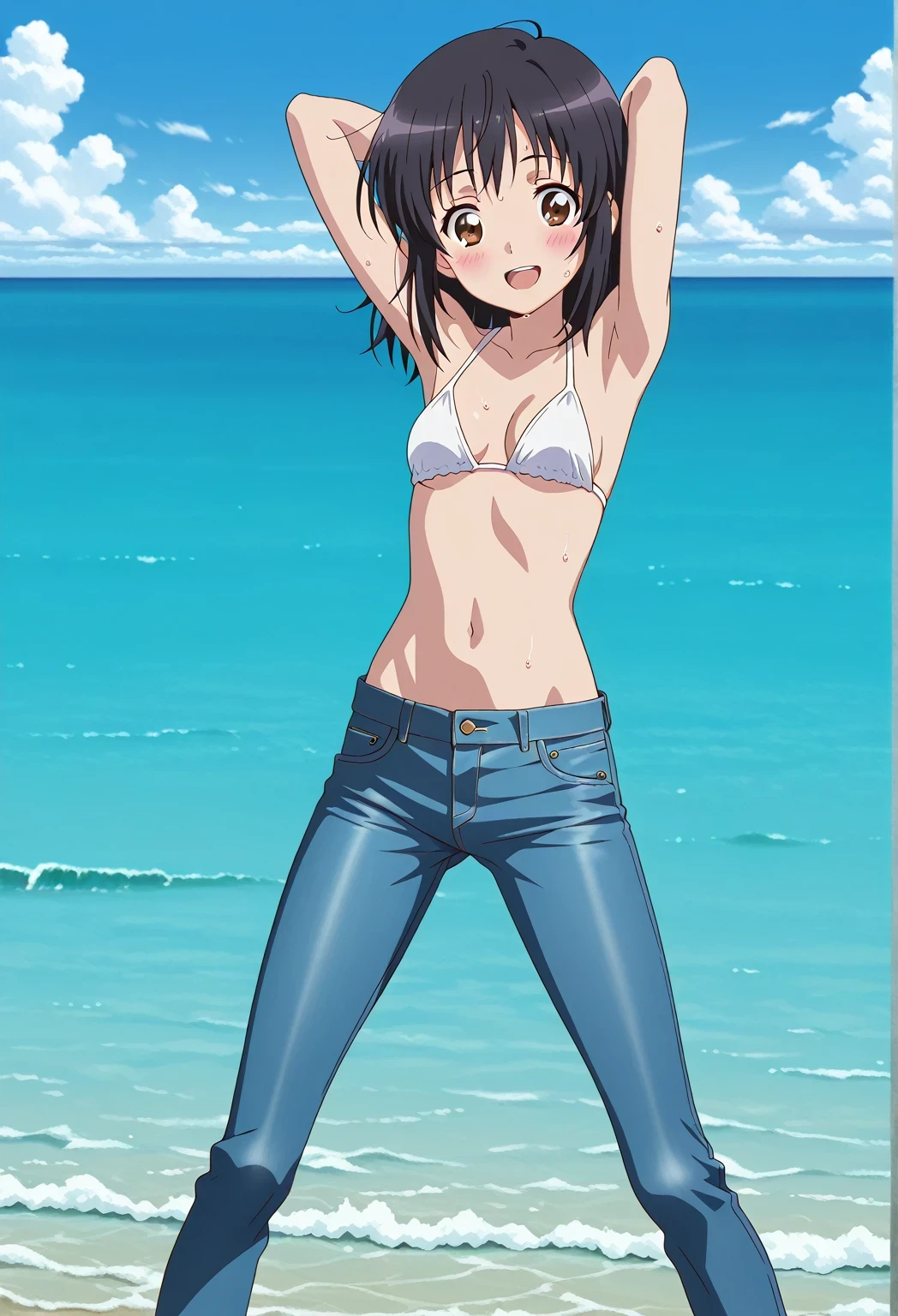 score_9, score_8_up, score_7_up, source_anime, highres, hi res, ((best quality, top quality, perfect quality, Highest Quality, amazing quality)), {{masterpiece}}, {{an extremely delicate and beautiful}}, 2d, intricate details, official style, anime, 8k, anime style, official_anime, official art, digital painting, cell shading, soft shading, high resolution, soothing tones, Subdued Color, Soft cinematic light, adobe lightroom, photolab, HDR, intricately and hyper-detailed, ((high quality animation)), 1 girl, Alone, solo, ((ocean)), tsunami, on the water, day, sunny, outdoors, sky, windy, mitsuha miyamizu, black hair, brown eyes, medium hair, anime screencap, small breasts, white bikini top, best quality, hyper-detailed jeans, ((blue jeans:1.9)), (dark blue jeans:0.6), full medium body, medium shot, Open mouth, smiling, happy face, blush, sweat, standing, ((arms behind head:6.0)), bowlegged, sliding pose, action, looking at viewer, spread legs, Bend knees slightly, straight-on front view