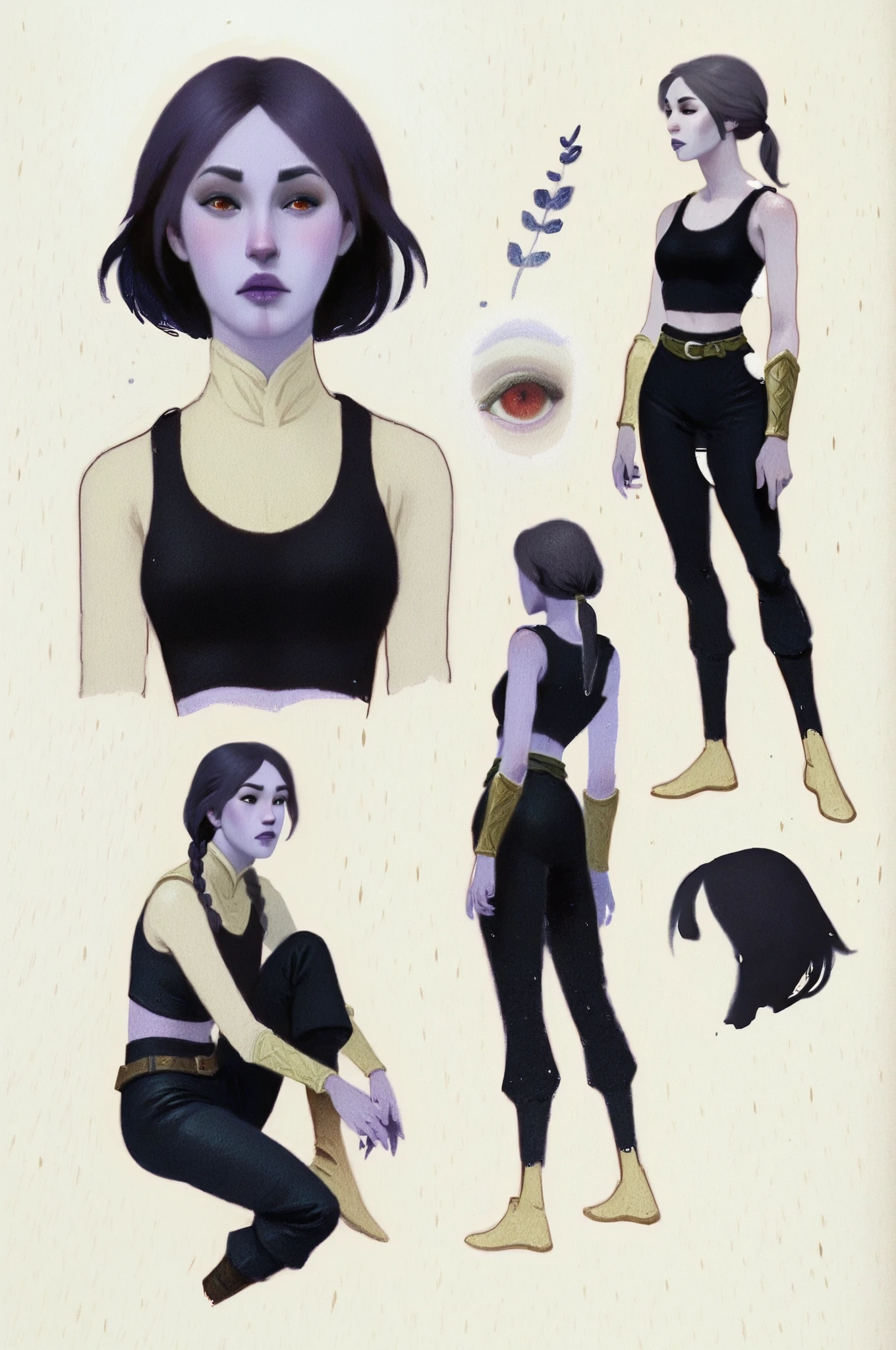 dkri style, hyper detailed gouache portrait of 1girl, black eyes, d2drwarc, white hair, ponytail, braided sidelocks, red eyes, purple lips, colored skin,cape, crop top, midriff, bracers, belt, pants painterly illustration, gouache layered textures, soft illustration, 2d art, abstract background, masterpiece, best quality, flat illustration, extreme quality, IllustriousQual, masterpiece, best quality, realistic, lora:AnatoFinnstarkIXL_v2:1.0, oil painting (medium), muted color, soft painterly brushstrokes, sevenseven, vivid, gradient, smooth, semi-realism