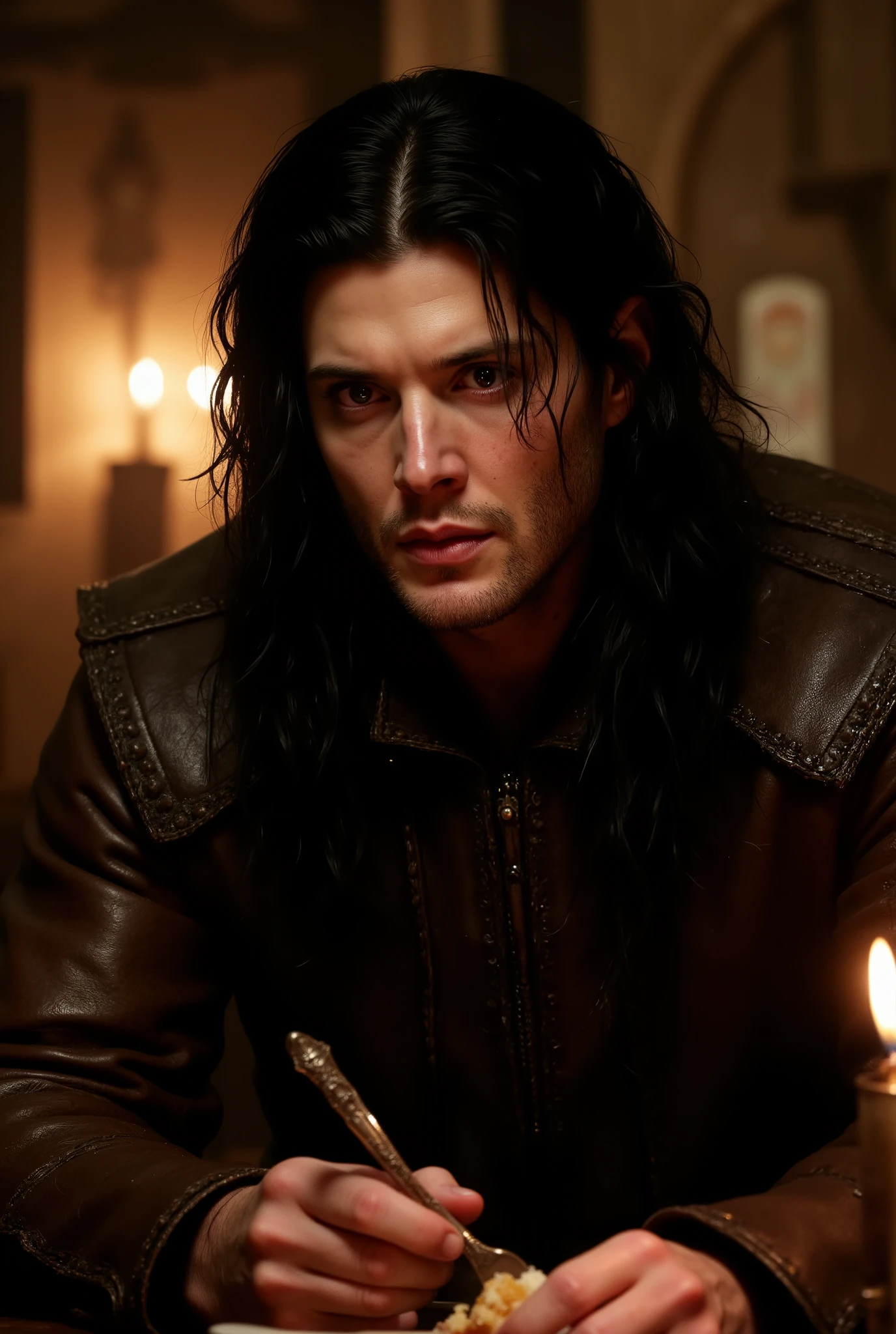 (masterpiece:1.2), (the best quality:1.2), 8K, HDR-10, ultra detailed, ((photorealistic)), professional light, cinematographic lighting, fashion photography, ambient lighting, bottom, Illuminated medieval tavern, luz natural, epiCPhoto, Warmth , a Thief, Young Jensen Ackles' face, long black hair, unkempt and dirty hair, long unkempt and dirty beard, unkempt and dirty appearance, black eyes, Male, bloodstains on clothes, serene expression, athletic body, medieval leather suit , thief clothing RPG, Sitting behind a table, eating a bite with a fork in his hand.