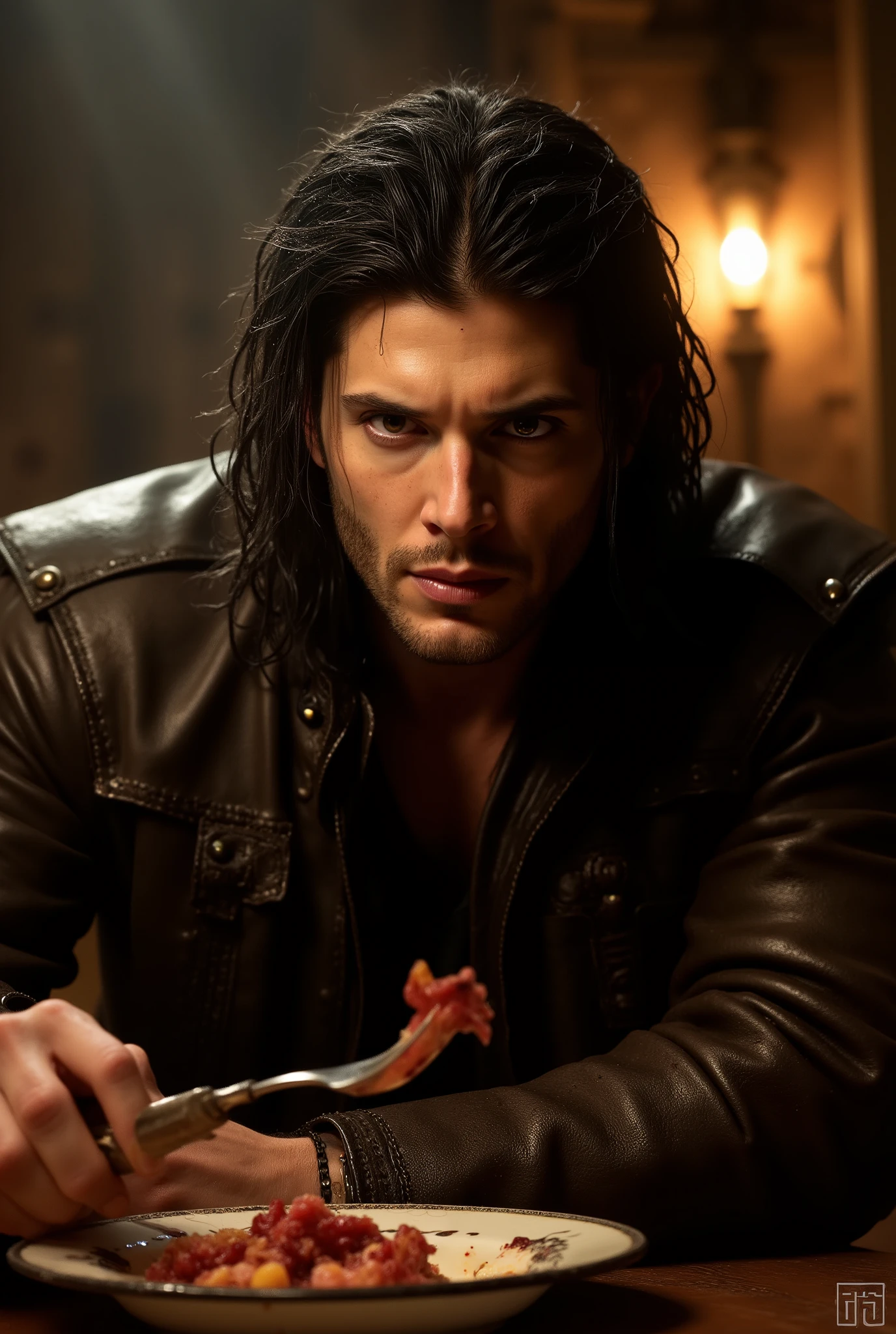 (masterpiece:1.2), (the best quality:1.2), 8K, HDR-10, ultra detailed, ((photorealistic)), professional light, cinematographic lighting, fashion photography, ambient lighting, bottom, Illuminated medieval tavern, luz natural, epiCPhoto, Warmth , a Thief, Young Jensen Ackles' face, long black hair, unkempt and dirty hair, long unkempt and dirty beard, unkempt and dirty appearance, black eyes, Male, bloodstains on clothes, serene expression, athletic body, medieval leather suit , thief clothing RPG, Sitting behind a table, eating a bite with a fork in his hand.
