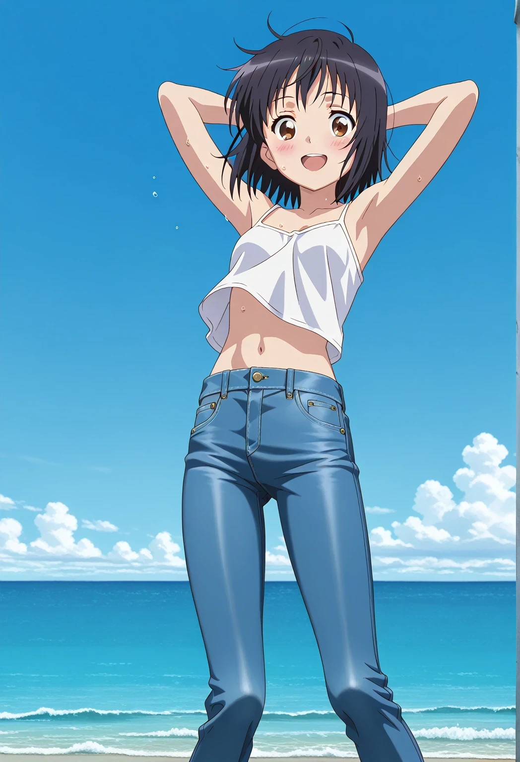score_9, score_8_up, score_7_up, source_anime, highres, hi res, ((best quality, top quality, perfect quality, Highest Quality, amazing quality)), {{masterpiece}}, {{an extremely delicate and beautiful}}, 2d, intricate details, official style, anime, 8k, anime style, official_anime, official art, digital painting, cell shading, soft shading, high resolution, soothing tones, Subdued Color, Soft cinematic light, adobe lightroom, photolab, HDR, intricately and hyper-detailed, ((high quality animation)), 1 girl, Alone, solo, ((ocean)), tsunami, on the water, day, sunny, outdoors, sky, windy, mitsuha miyamizu, black hair, brown eyes, short hair, bob cut, anime screencap, small breasts, white camisole top, crop top, white crop top, best quality, hyper-detailed jeans, ((blue jeans:1.9)), (dark blue jeans:0.6), full medium body, medium shot, Open mouth, smiling, happy face, blush, sweat, standing, ((arms behind head:6.0)), bowlegged, jumping pose, action, looking at viewer, spread legs, Bend knees slightly, straight-on front view