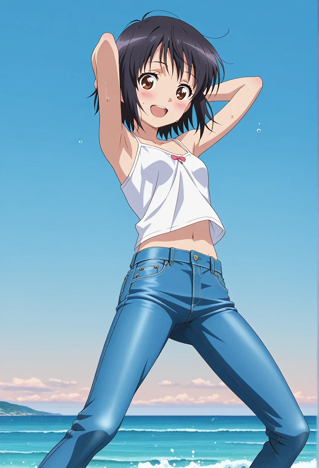 score_9, score_8_up, score_7_up, source_anime, highres, hi res, ((best quality, top quality, perfect quality, Highest Quality, amazing quality)), {{masterpiece}}, {{an extremely delicate and beautiful}}, 2d, intricate details, official style, anime, 8k, anime style, official_anime, official art, digital painting, cell shading, soft shading, high resolution, soothing tones, Subdued Color, Soft cinematic light, adobe lightroom, photolab, HDR, intricately and hyper-detailed, ((high quality animation)), 1 girl, Alone, solo, ((ocean)), tsunami, on the water, day, sunny, outdoors, sky, windy, mitsuha miyamizu, black hair, brown eyes, short hair, bob cut, anime screencap, small breasts, white camisole top, crop top, white crop top, best quality, hyper-detailed jeans, ((blue jeans:1.9)), (dark blue jeans:0.6), full medium body, medium shot, Open mouth, smiling, happy face, blush, sweat, standing, ((arms behind head:6.0)), bowlegged, jumping pose, action, looking at viewer, spread legs, Bend knees slightly, straight-on front view