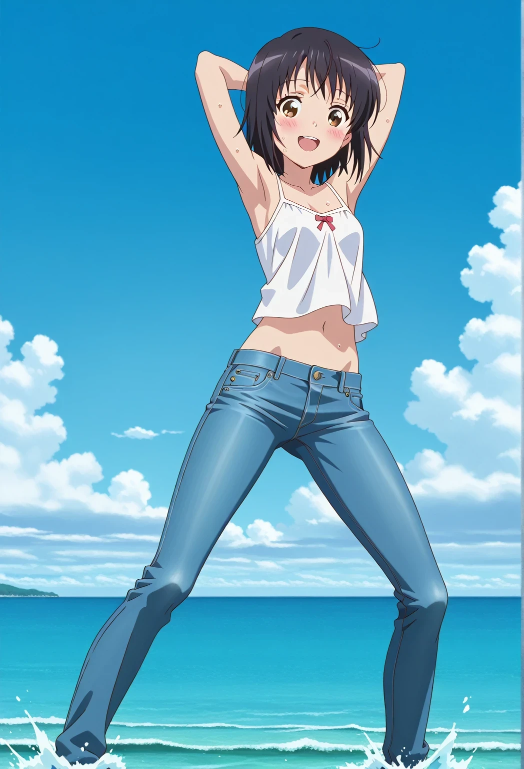 score_9, score_8_up, score_7_up, source_anime, highres, hi res, ((best quality, top quality, perfect quality, Highest Quality, amazing quality)), {{masterpiece}}, {{an extremely delicate and beautiful}}, 2d, intricate details, official style, anime, 8k, anime style, official_anime, official art, digital painting, cell shading, soft shading, high resolution, soothing tones, Subdued Color, Soft cinematic light, adobe lightroom, photolab, HDR, intricately and hyper-detailed, ((high quality animation)), 1 girl, Alone, solo, ((ocean)), tsunami, on the water, day, sunny, outdoors, sky, windy, mitsuha miyamizu, black hair, brown eyes, short hair, bob cut, anime screencap, small breasts, white camisole top, crop top, white crop top, best quality, hyper-detailed jeans, ((blue jeans:1.9)), (dark blue jeans:0.6), full medium body, medium shot, Open mouth, smiling, happy face, blush, sweat, standing, ((arms behind head:6.0)), bowlegged, sliding pose, action, looking at viewer, spread legs, Bend knees slightly, straight-on front view